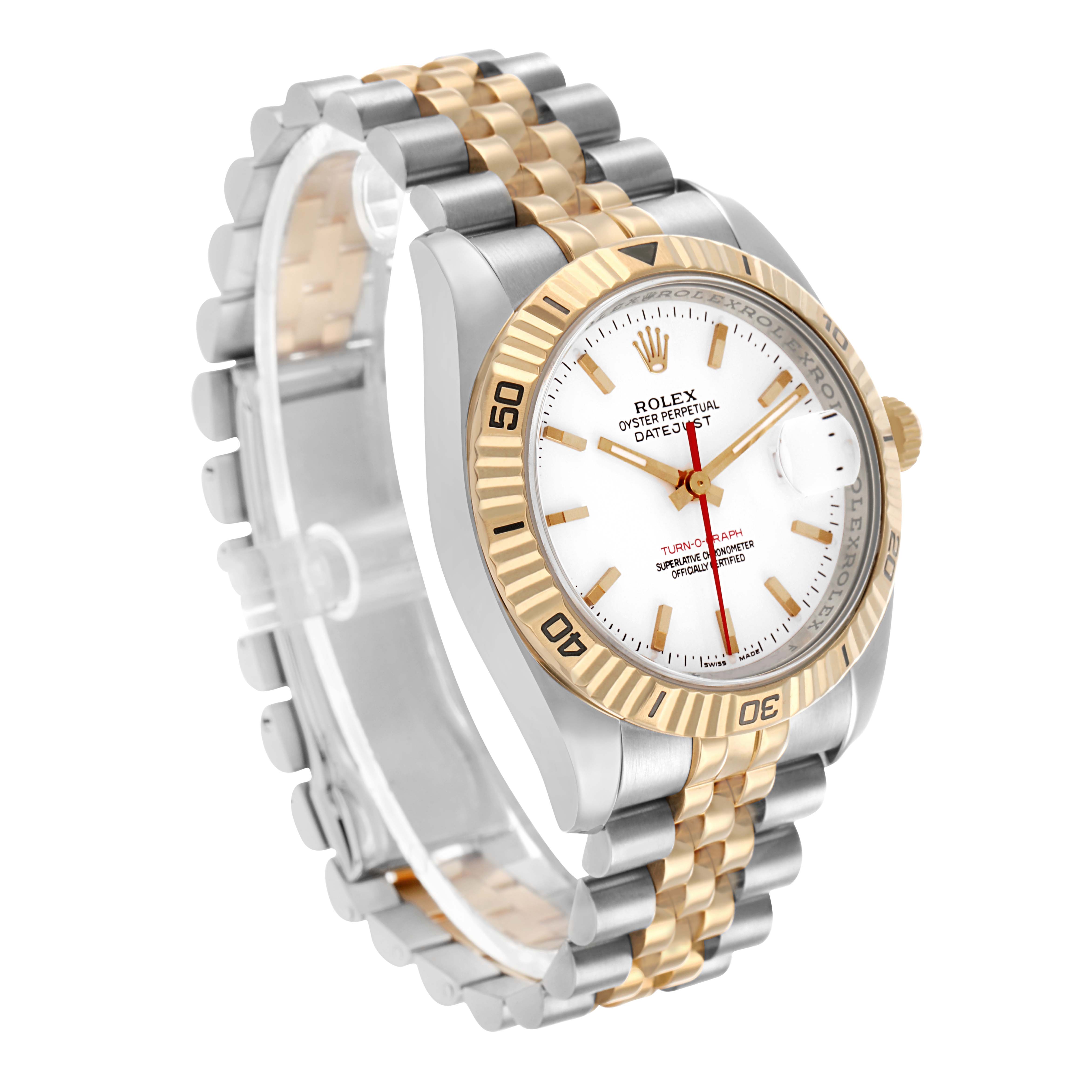 The Rolex Datejust 116263 Men's Steel and Gold (two tone) White Dial watch is shown at a three-quarter angle, displaying its gold fluted bezel, white dial, and two-tone jubilee bracelet.
