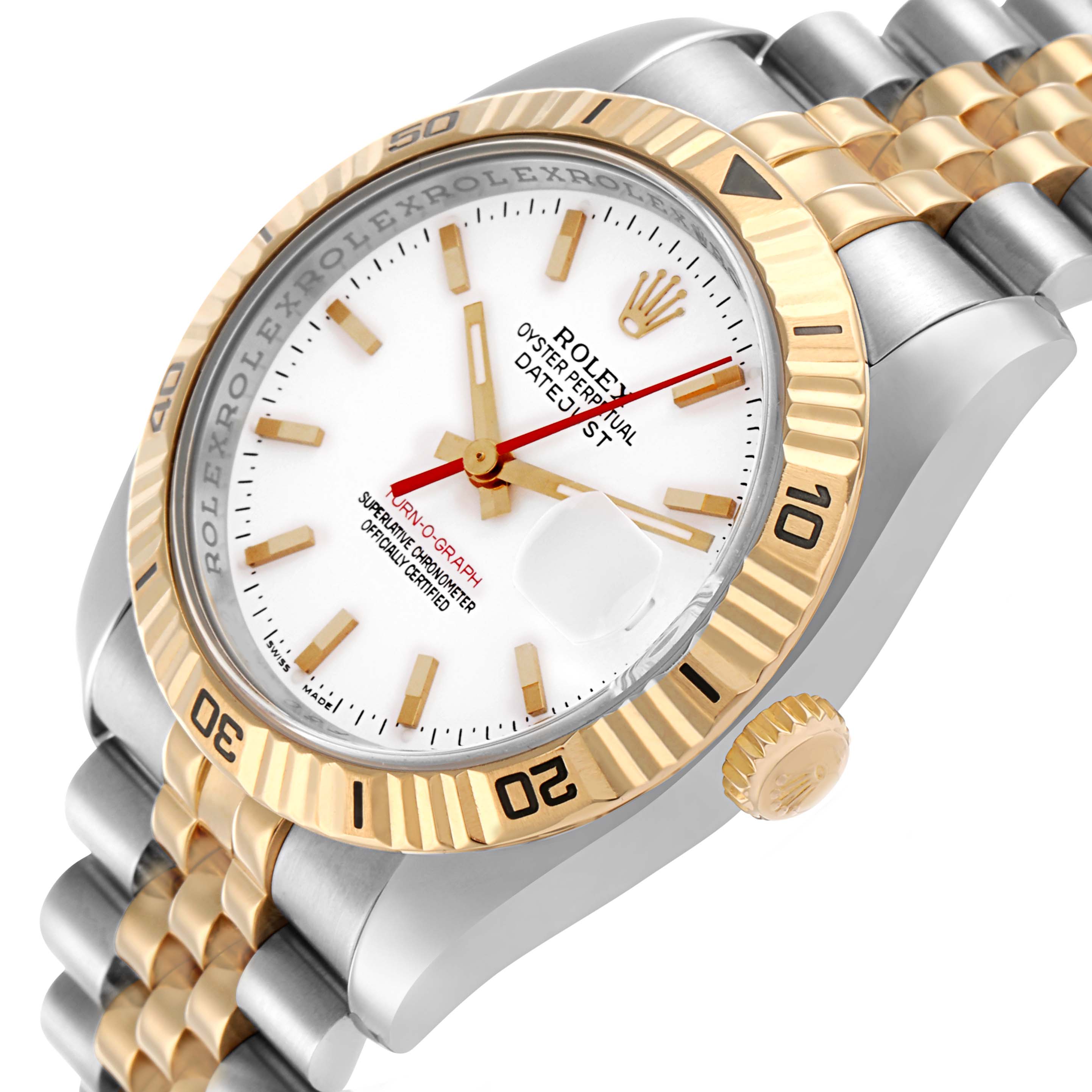 The Rolex Datejust 116263 Men's Steel and Gold (two tone) White Dial watch is shown at an angled side view, highlighting the dial, fluted bezel, and bracelet.
