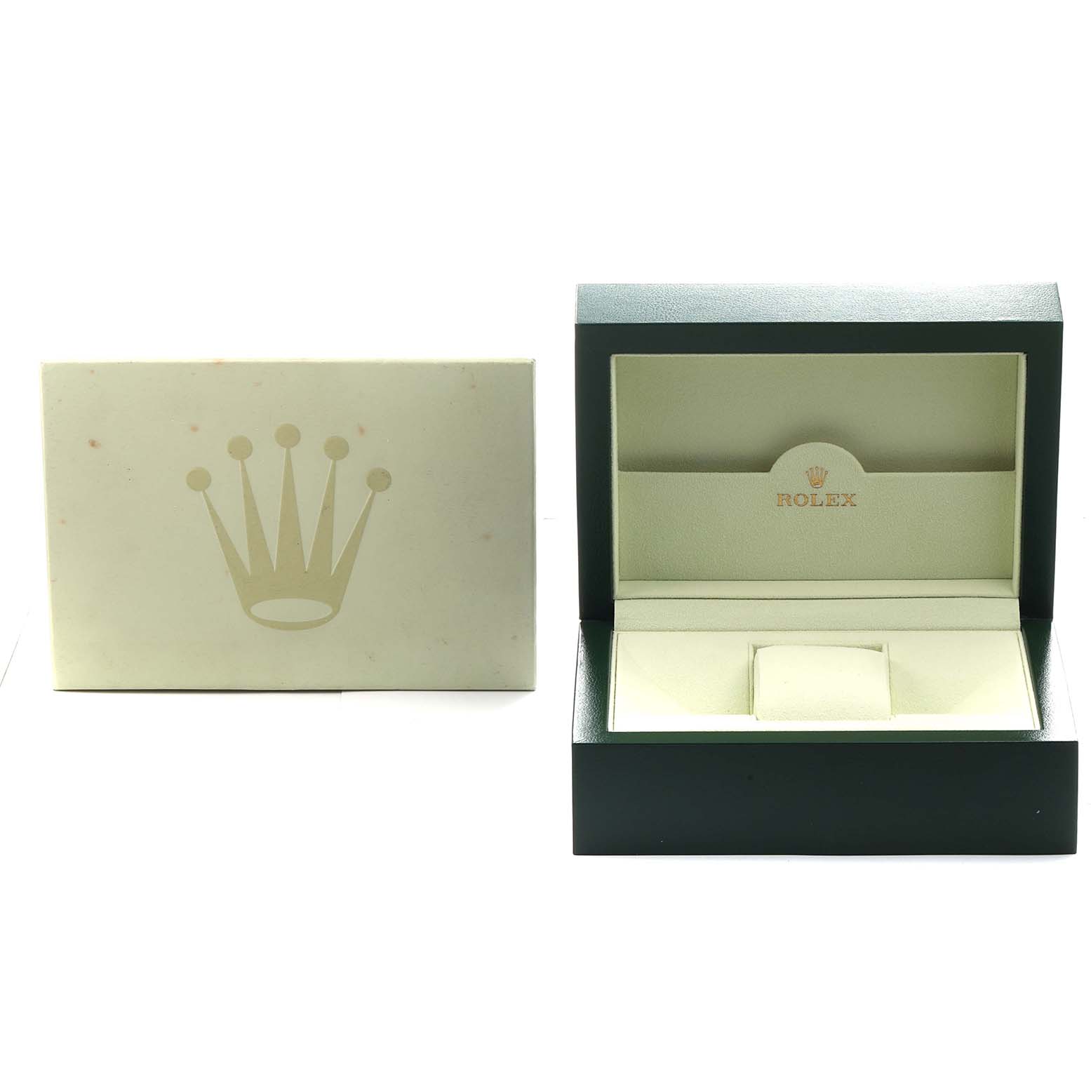 The image shows a Rolex Datejust 116263 Men's Steel and Gold (two tone) White Dial watch box from the front angle with a separate outer cover displaying the Rolex crown logo.