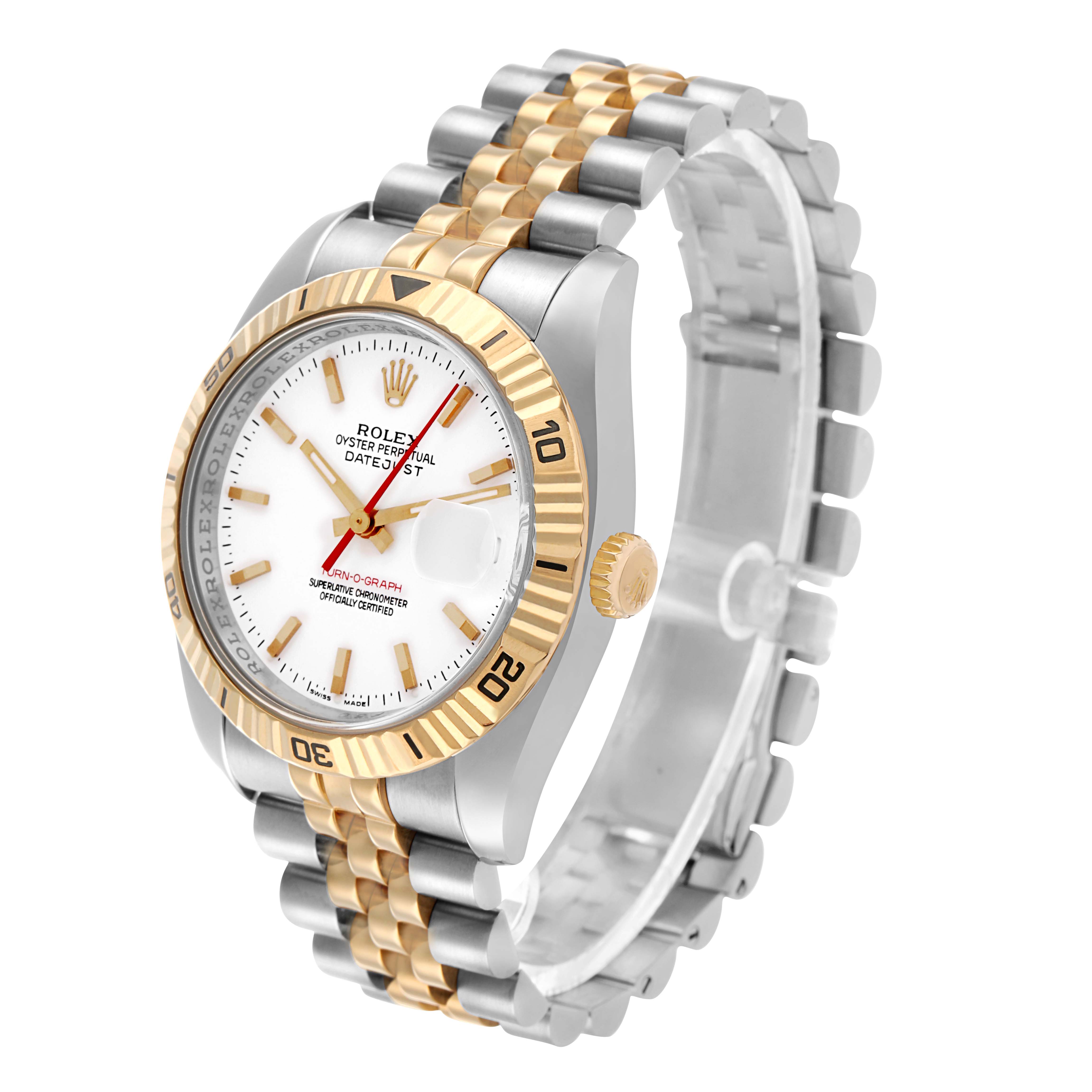 The Rolex Datejust 116263 Men's Steel and Gold (two tone) White Dial is shown at an angled front view, highlighting the bezel, crown, bracelet, and face details.