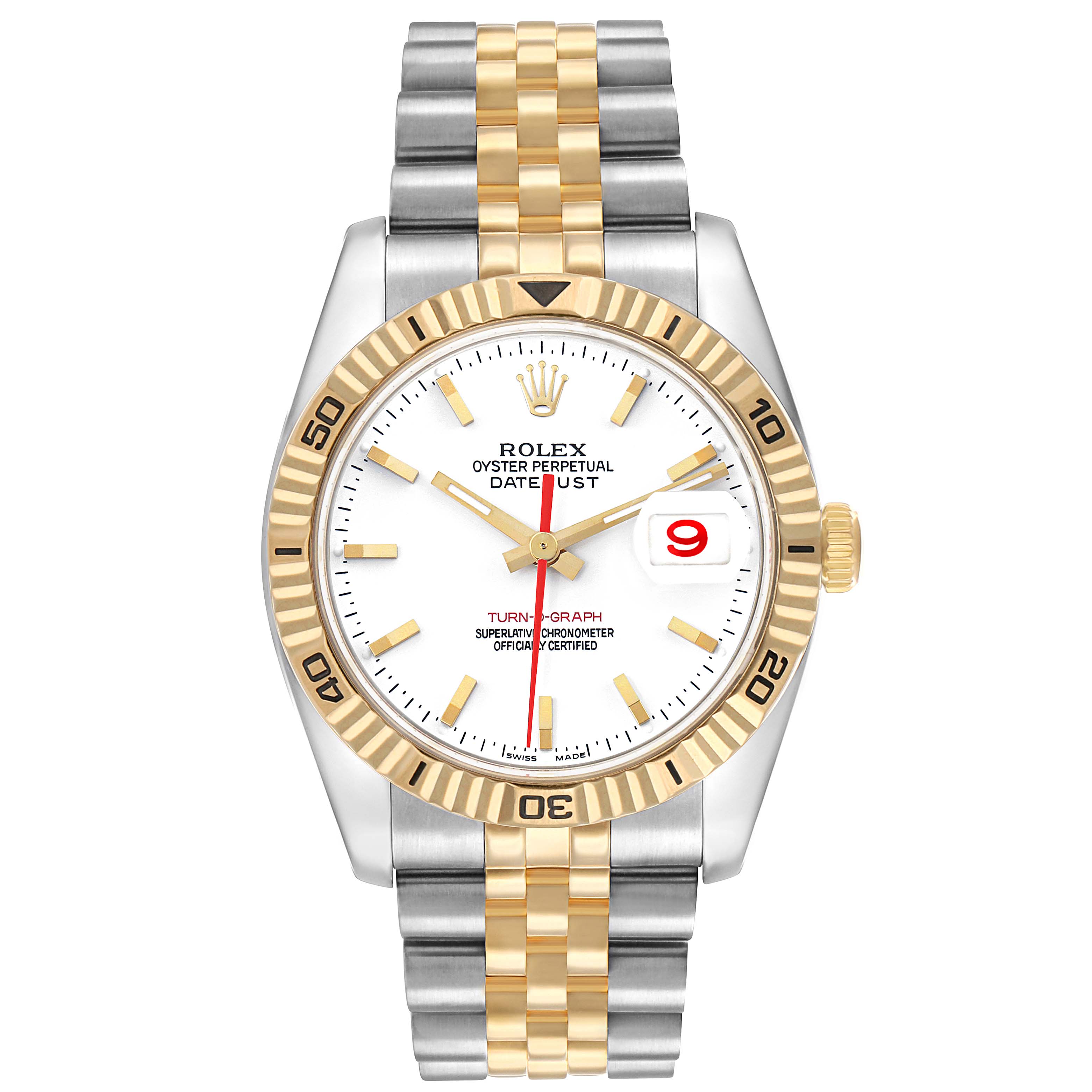 The Rolex Datejust 116263 Men's Steel and Gold (two tone) White Dial watch is shown from a top-down angle, displaying the dial, bezel, and two-tone bracelet.