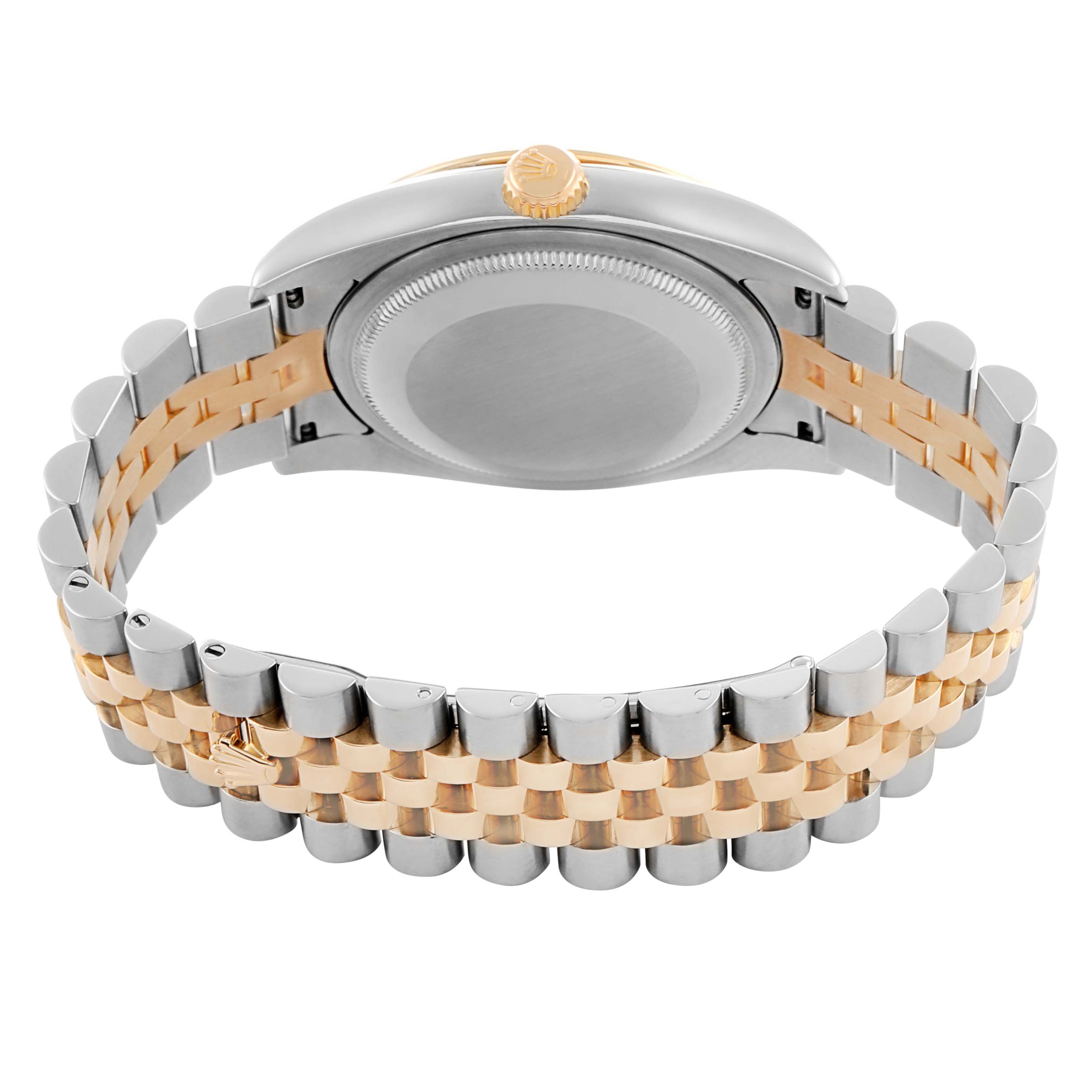 The image shows the back and bracelet of a Rolex Datejust 116263 Men's Steel and Gold (two tone) White Dial, highlighting the two-tone metal links and case back.