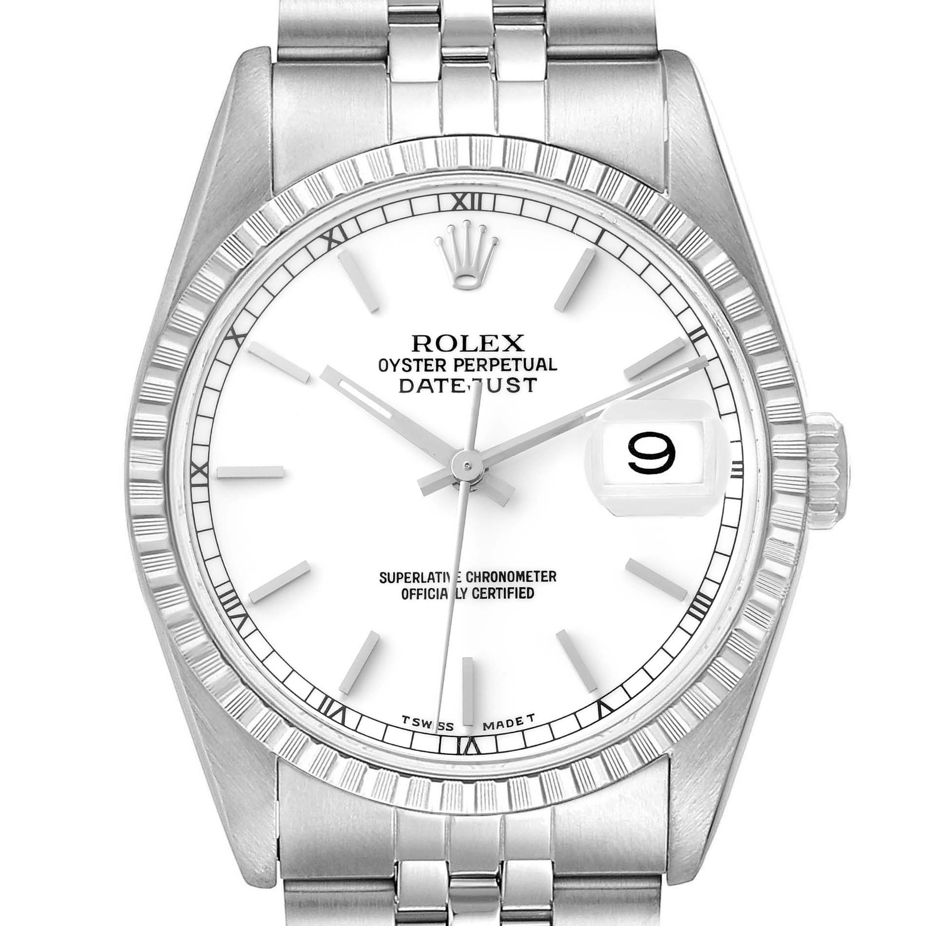 This image shows a front view of the Rolex Datejust 16220 Men's Stainless Steel White Dial 16220 Men's Stainless Steel White Dial watch, highlighting its dial, hands, and fluted bezel.