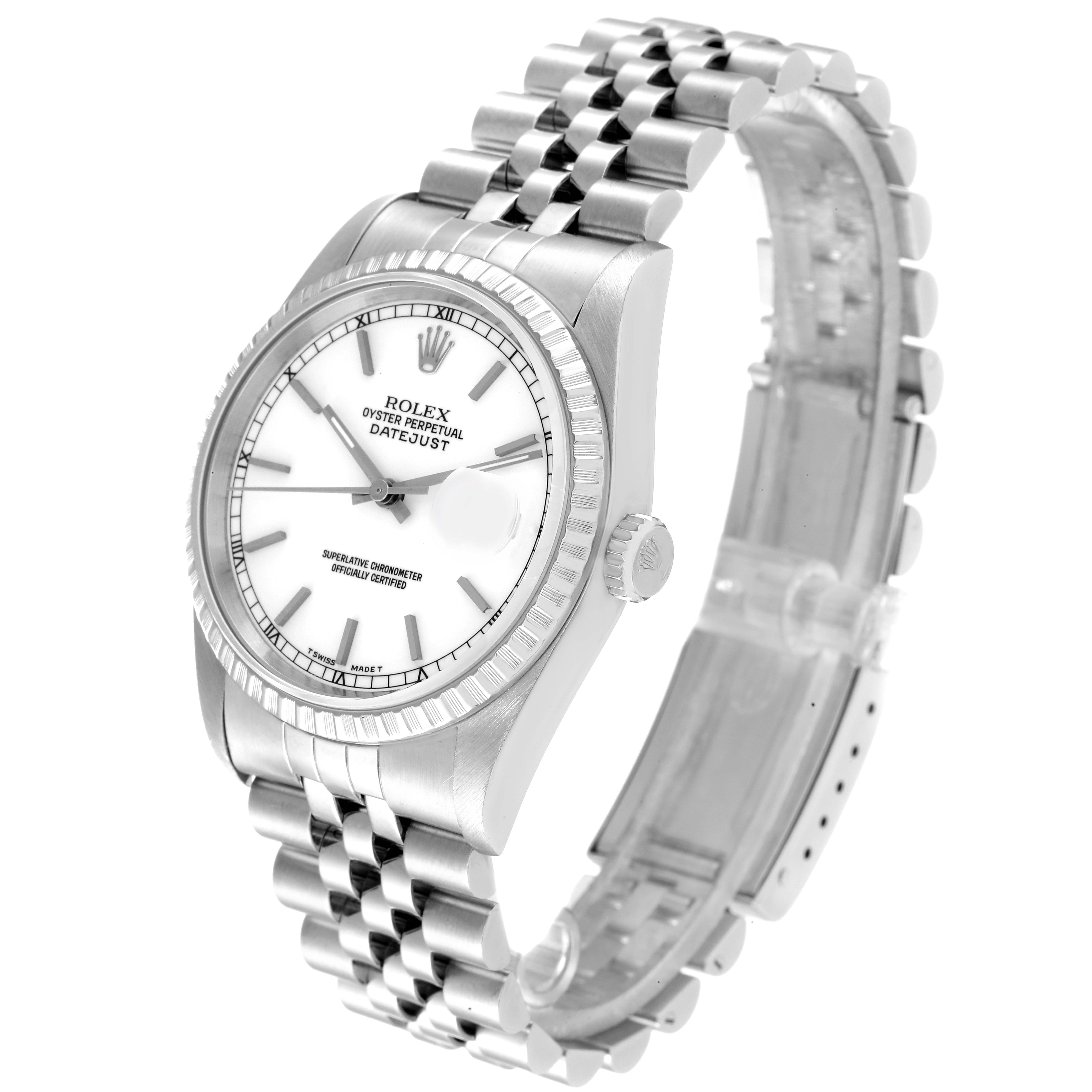 The image shows a Rolex Datejust 16220 Men's Stainless Steel White Dial 16220 Men's Stainless Steel White Dial watch, featuring the front dial, bezel, and Jubilee bracelet at an angled view.