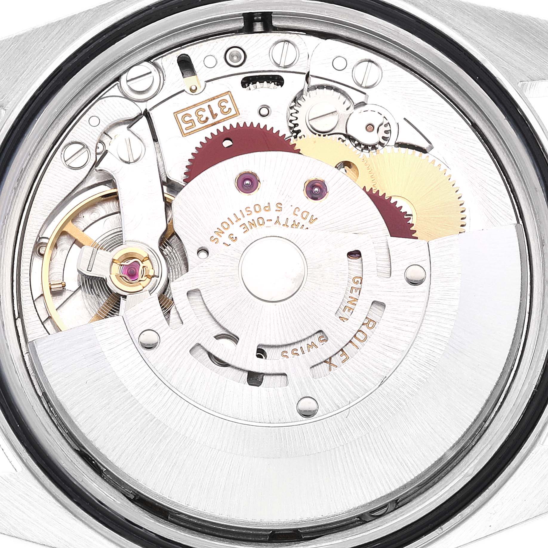 The image shows the internal mechanical movement of a Rolex Datejust 16220 Men's Stainless Steel White Dial 16220 Men's Stainless Steel White Dial watch, viewed from the back.