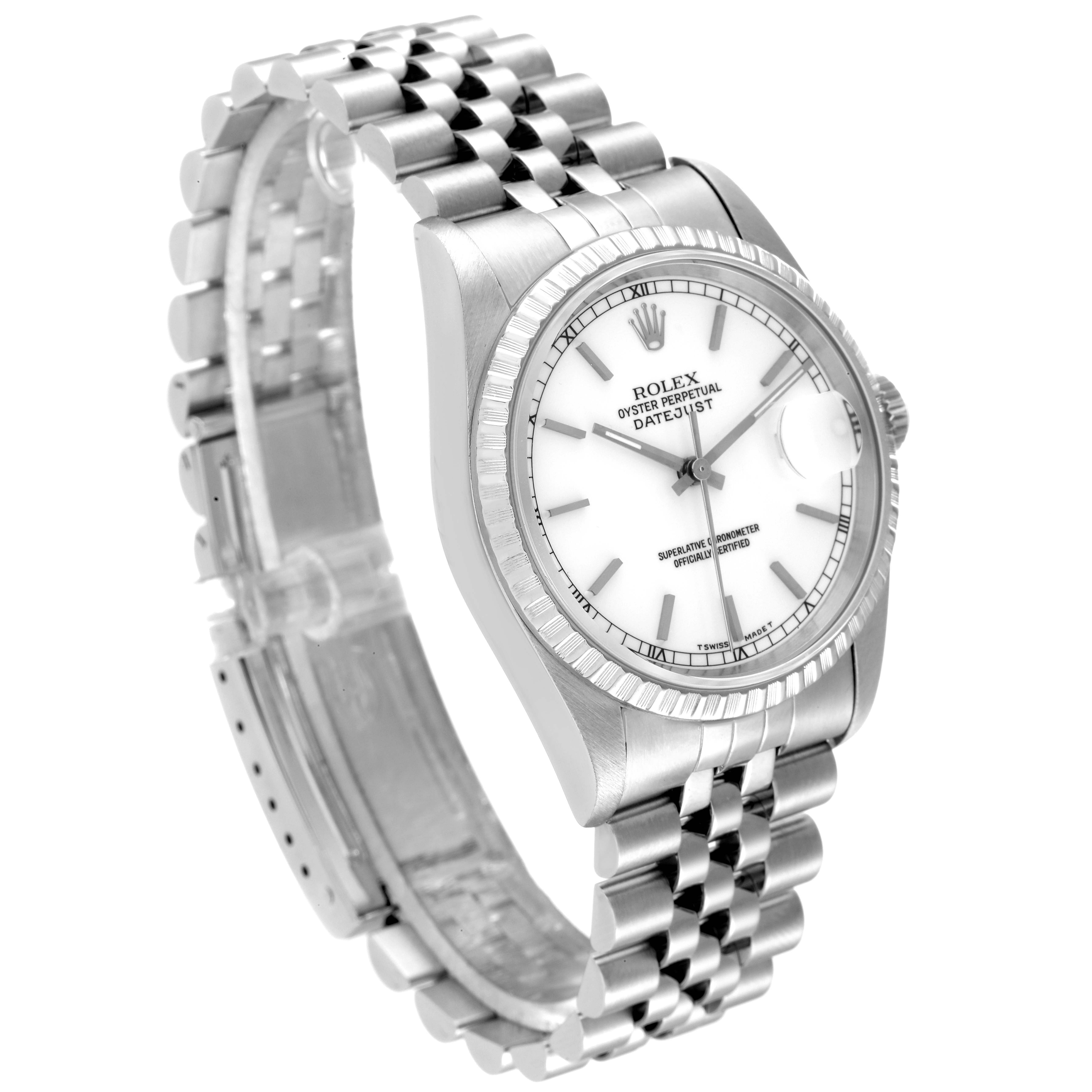 This image shows a side view of the Rolex Datejust 16220 Men's Stainless Steel White Dial 16220 Men's Stainless Steel White Dial watch, highlighting its face, bezel, and bracelet.