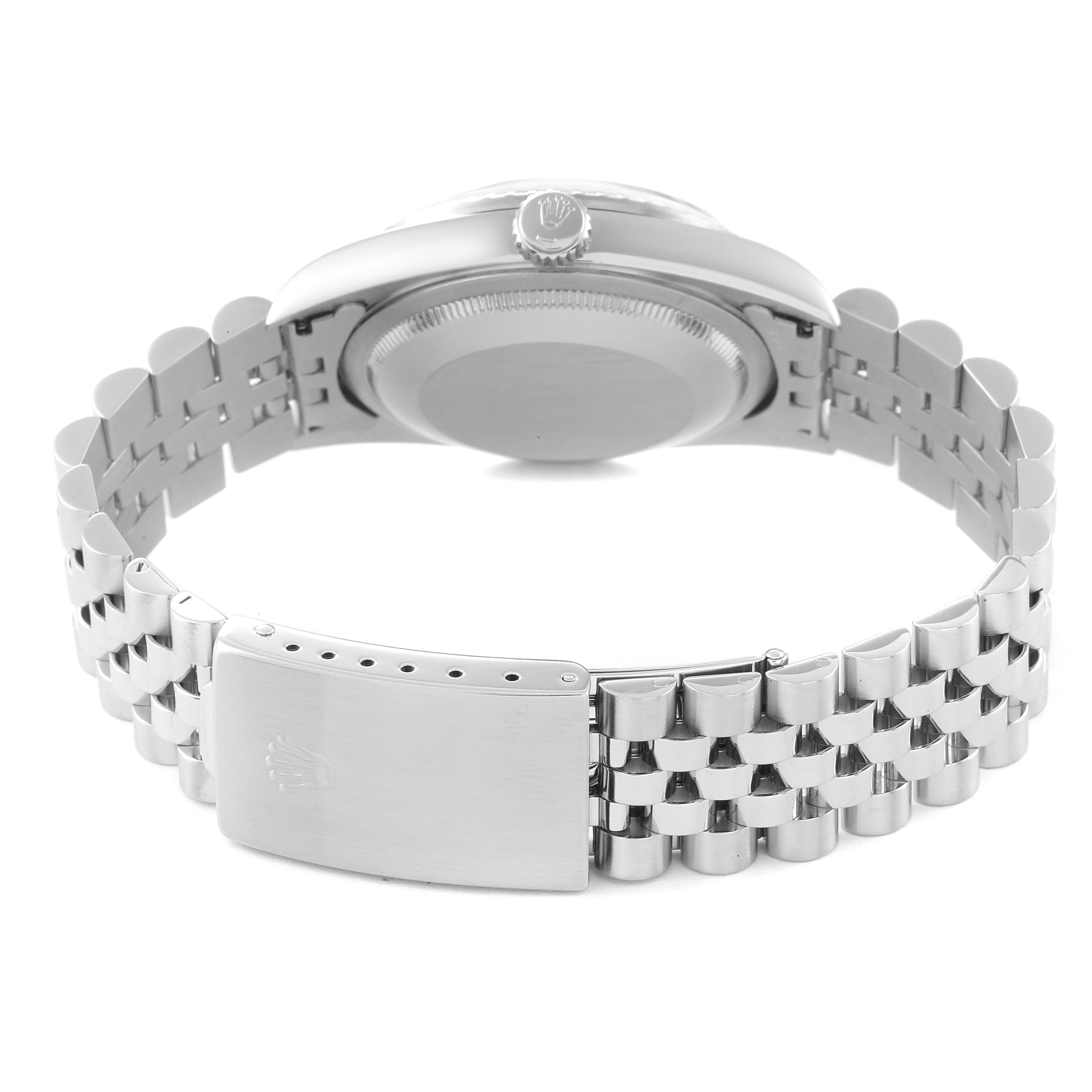 The image shows the back view of a Rolex Datejust 16220 Men's Stainless Steel White Dial 16220 Men's Stainless Steel White Dial watch, focusing on the clasp, bracelet, and case back.