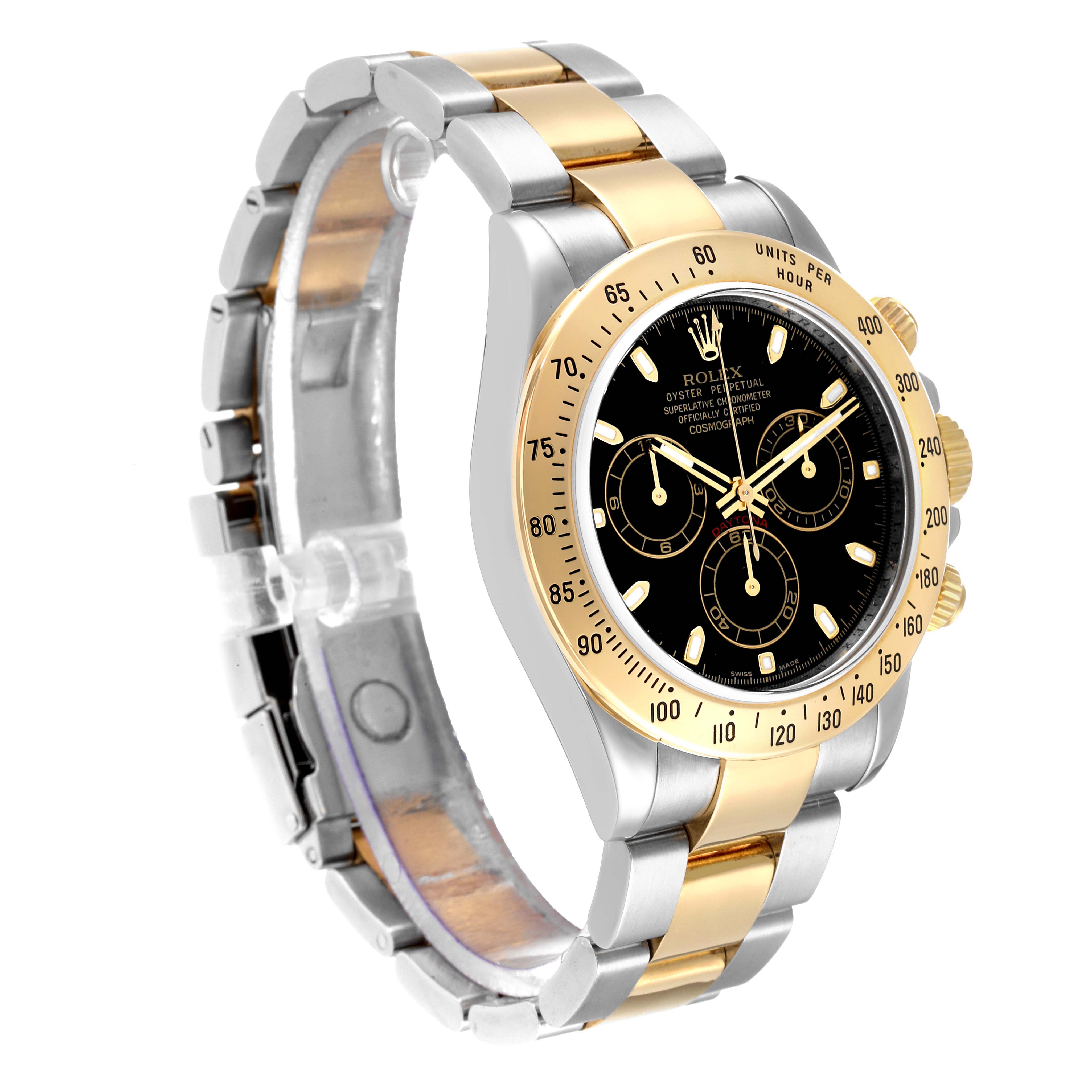 The image shows a side angle of a Rolex Daytona 116523 Men's Steel and Gold (two tone) Black Dial 116523 Men's Steel and Gold (two tone) Black Dial watch, featuring a two-tone gold and silver bracelet and a black dial.