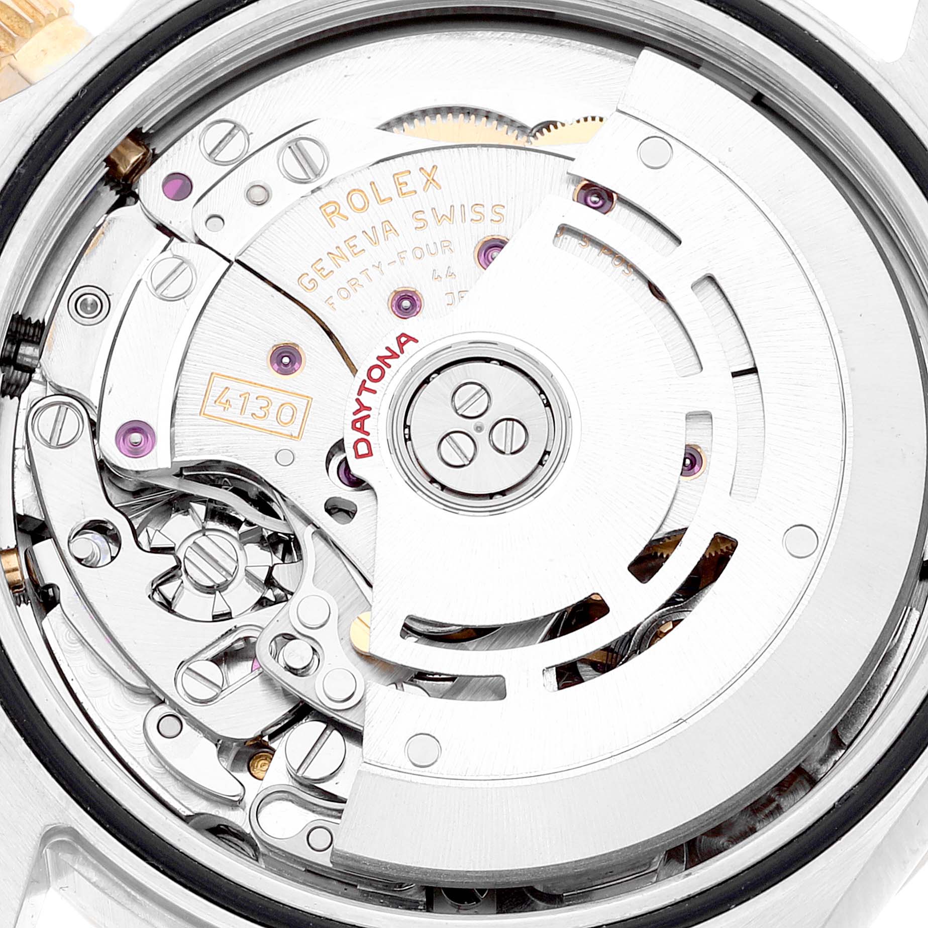 This image shows the internal mechanism of a Rolex Daytona 116523 Men's Steel and Gold (two tone) Black Dial 116523 Men's Steel and Gold (two tone) Black Dial watch viewed from the back.