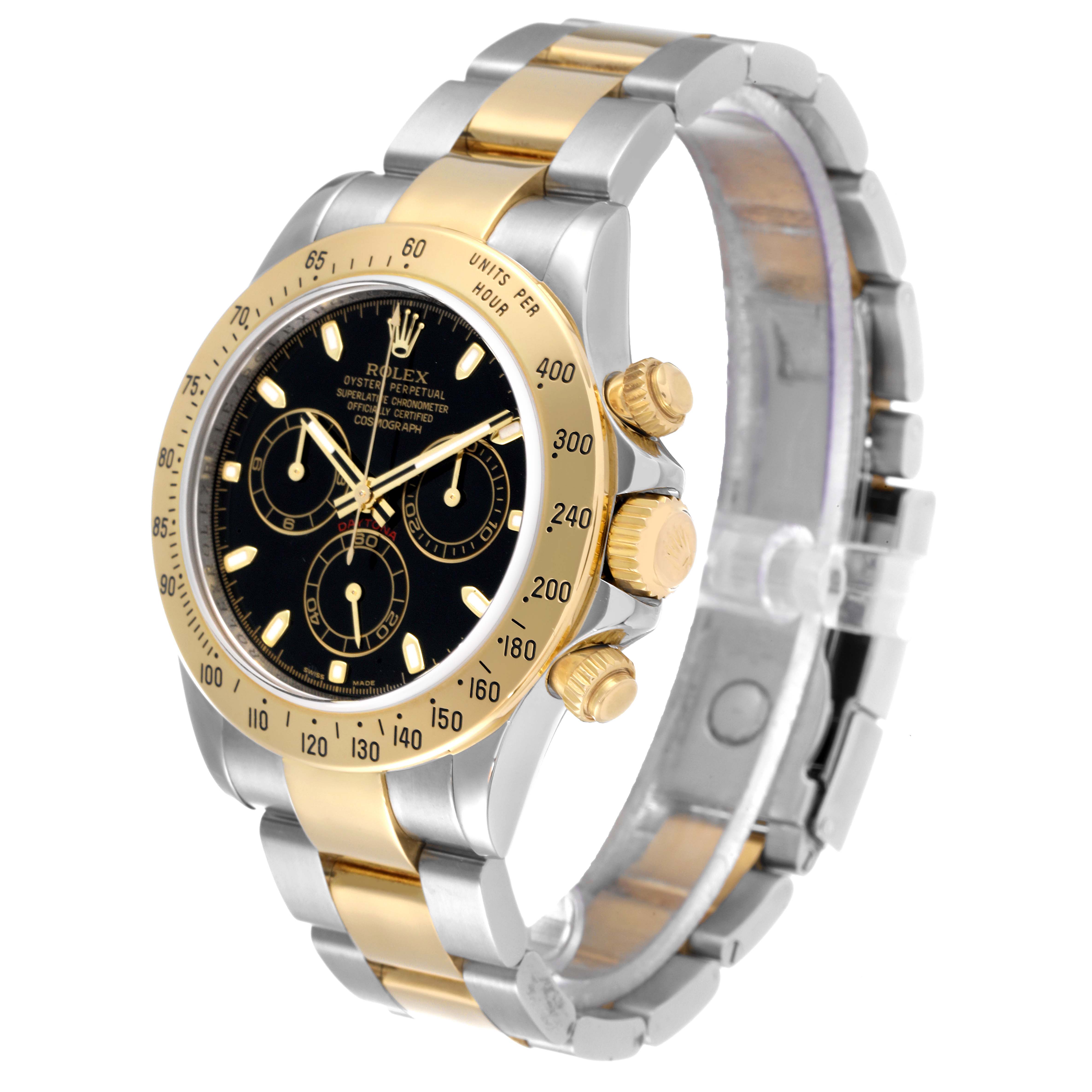 This Rolex Daytona 116523 Men's Steel and Gold (two tone) Black Dial 116523 Men's Steel and Gold (two tone) Black Dial watch is shown at a slight diagonal angle, highlighting the dial, bezel, and part of the bracelet.