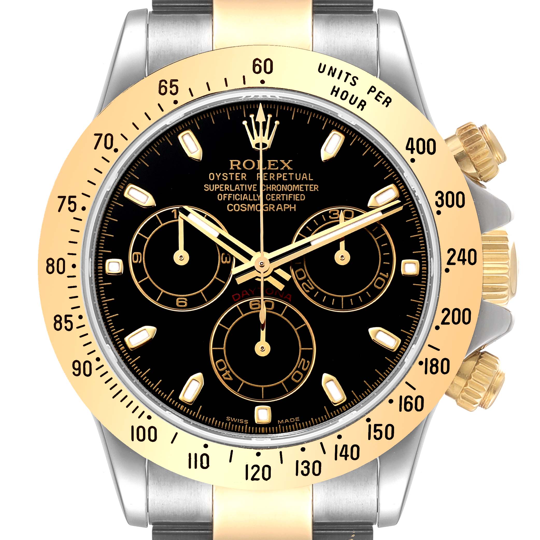 This image shows a close-up, front view of the dial and bezel of the Rolex Daytona 116523 Men's Steel and Gold (two tone) Black Dial 116523 Men's Steel and Gold (two tone) Black Dial watch.