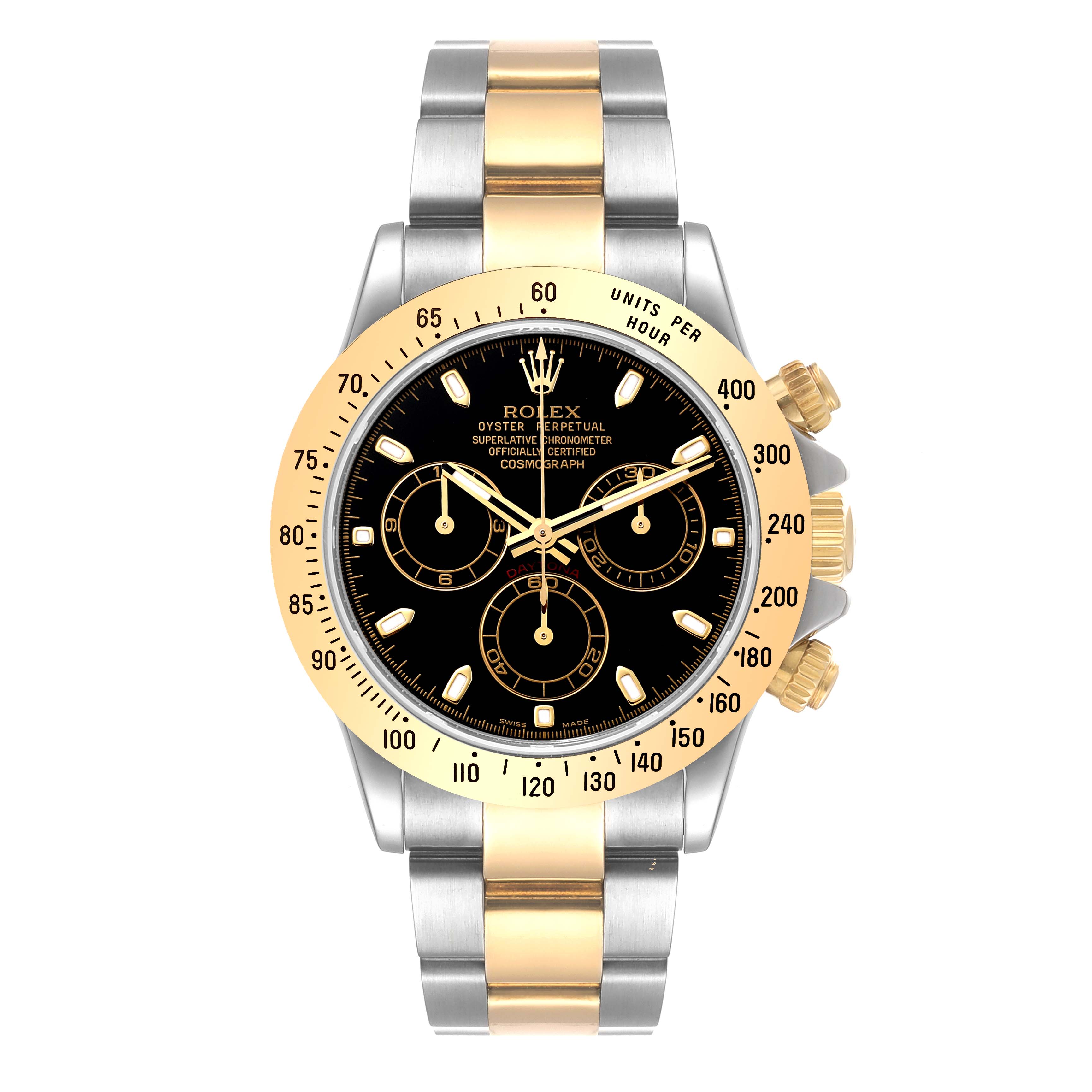 The image shows a front view of a Rolex Daytona 116523 Men's Steel and Gold (two tone) Black Dial 116523 Men's Steel and Gold (two tone) Black Dial watch with a black dial and gold and silver bracelet.
