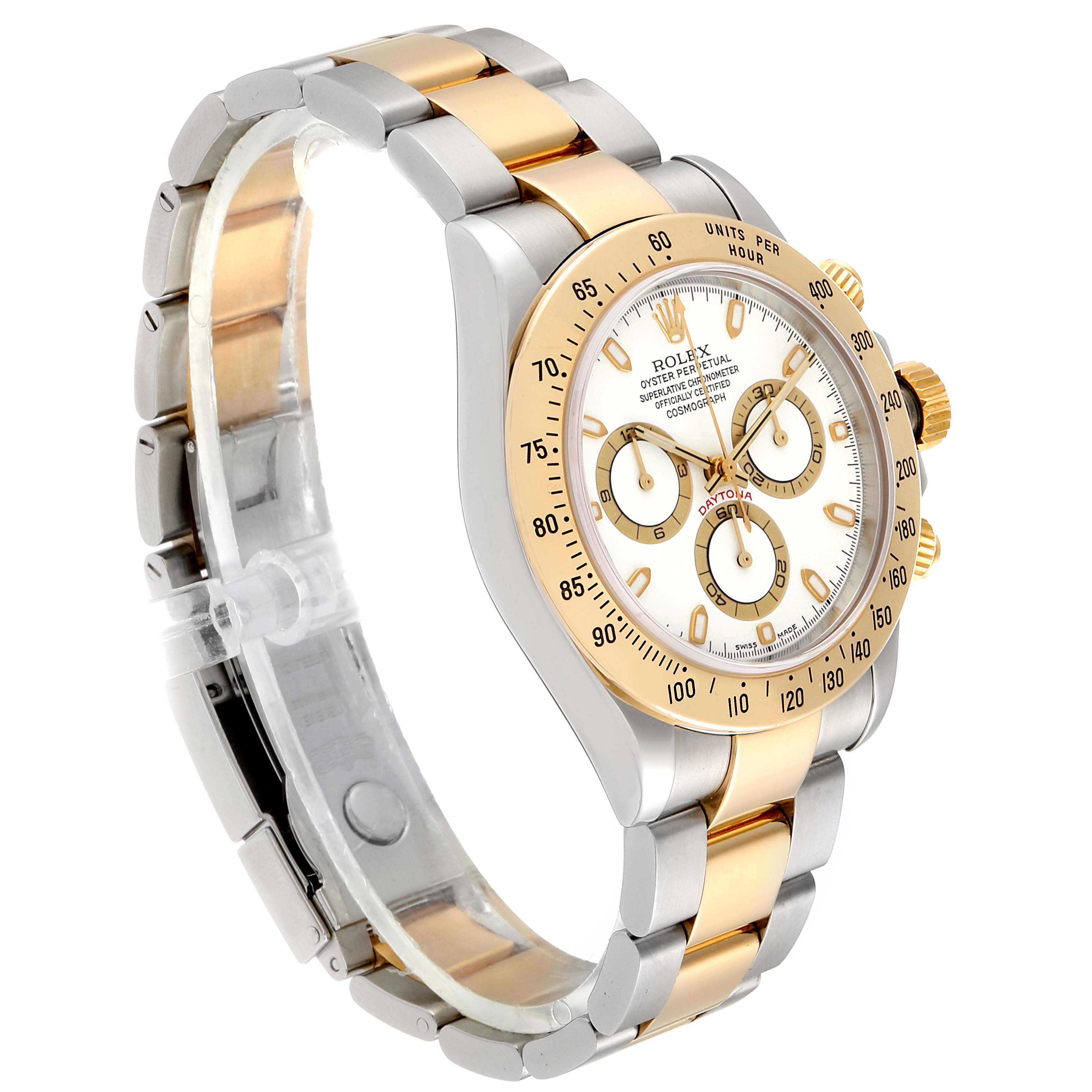 The image shows a side angle of a Rolex Daytona 116523 Men's Steel and Gold (two tone) White Dial 116523 Men's Steel and Gold (two tone) White Dial watch, displaying its two-tone metal band, bezel, and dial.