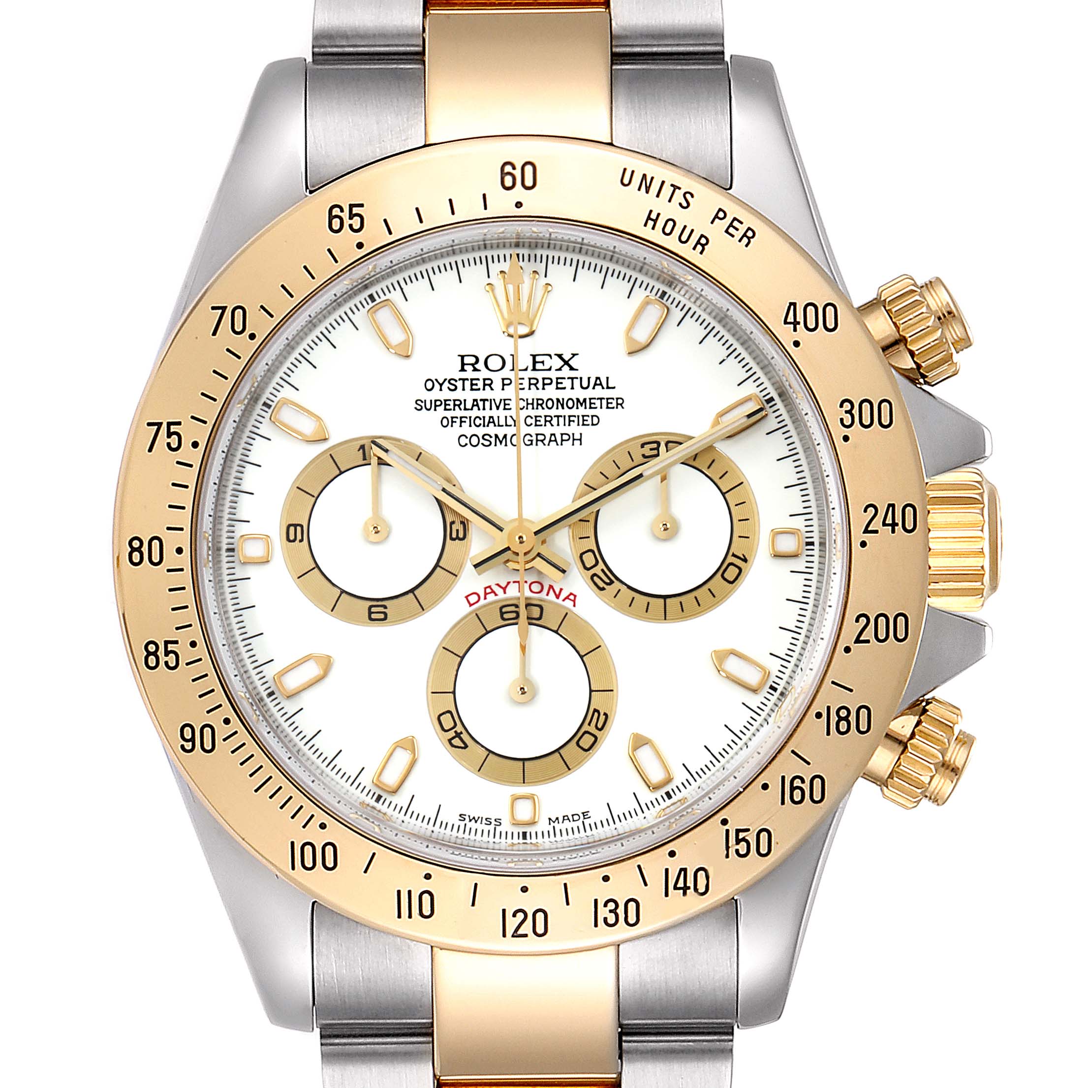 The Rolex Daytona 116523 Men's Steel and Gold (two tone) White Dial 116523 Men's Steel and Gold (two tone) White Dial watch is shown from a front angle, displaying its dial, bezel, and part of the bracelet.