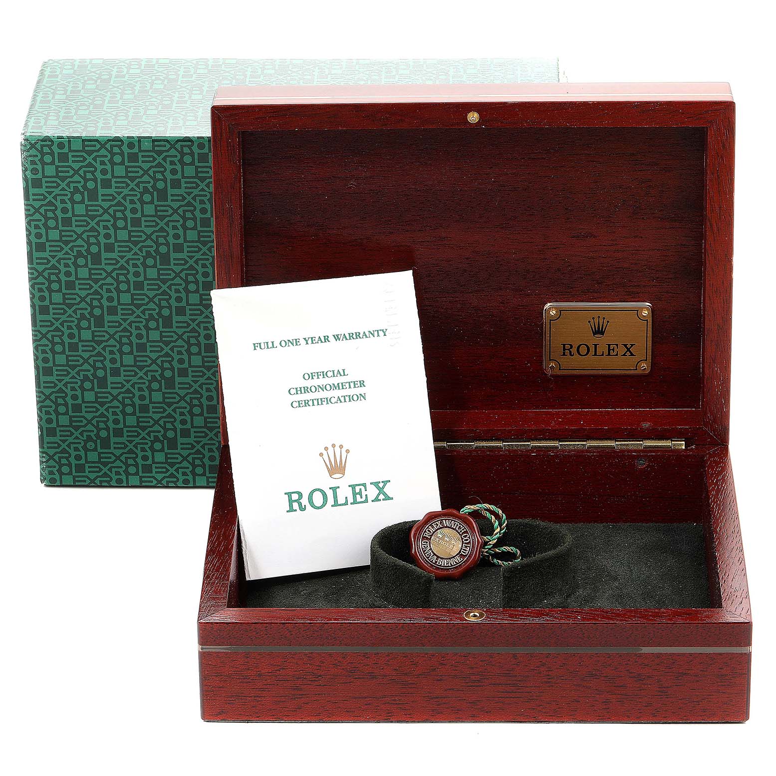 The image shows a Rolex Daytona 116523 Men's Steel and Gold (two tone) White Dial 116523 Men's Steel and Gold (two tone) White Dial watch box with an open lid, warranty cards, and a Rolex tag inside.