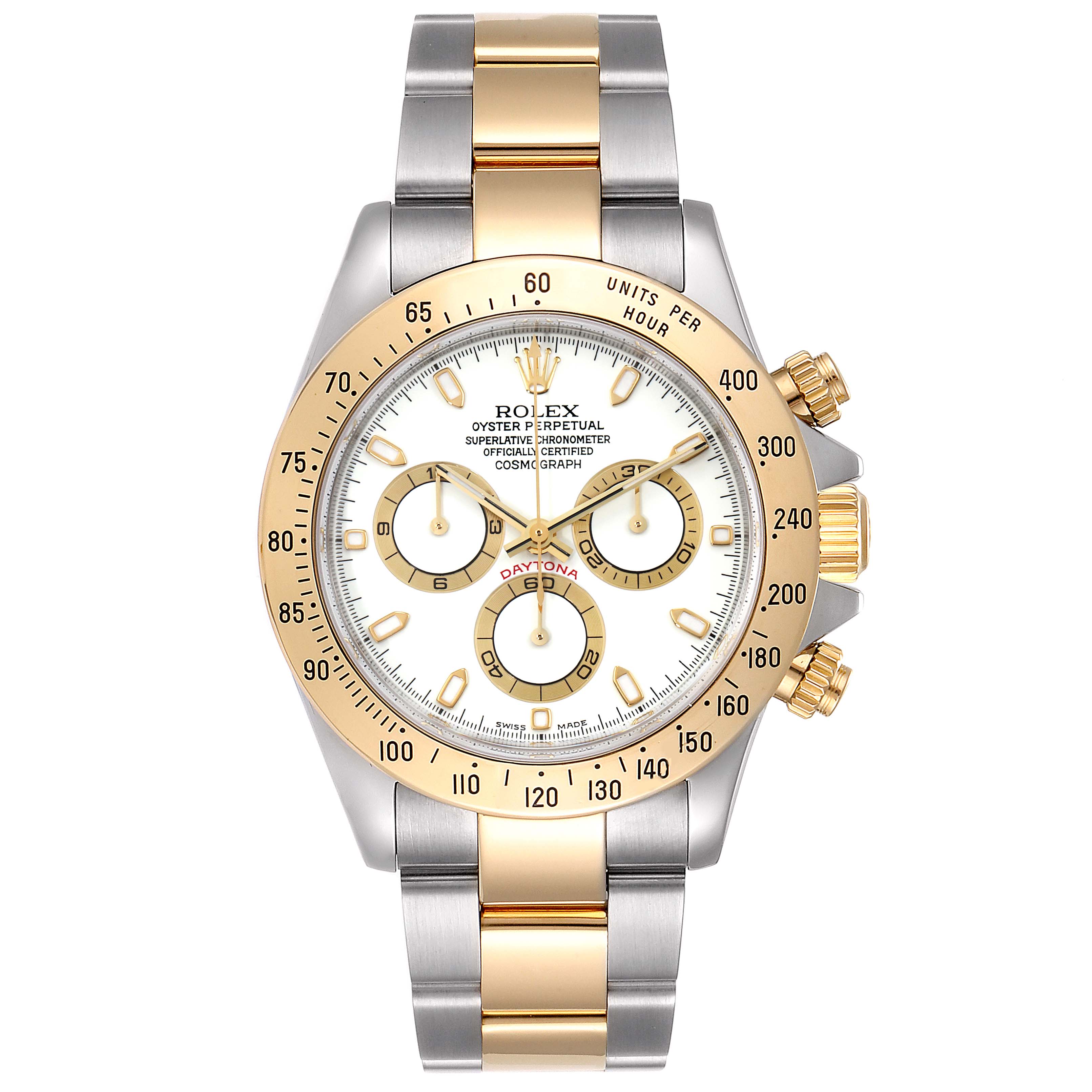 This Rolex Daytona 116523 Men's Steel and Gold (two tone) White Dial 116523 Men's Steel and Gold (two tone) White Dial watch is shown from the front, displaying its dial, bezel, crown, and bracelet.