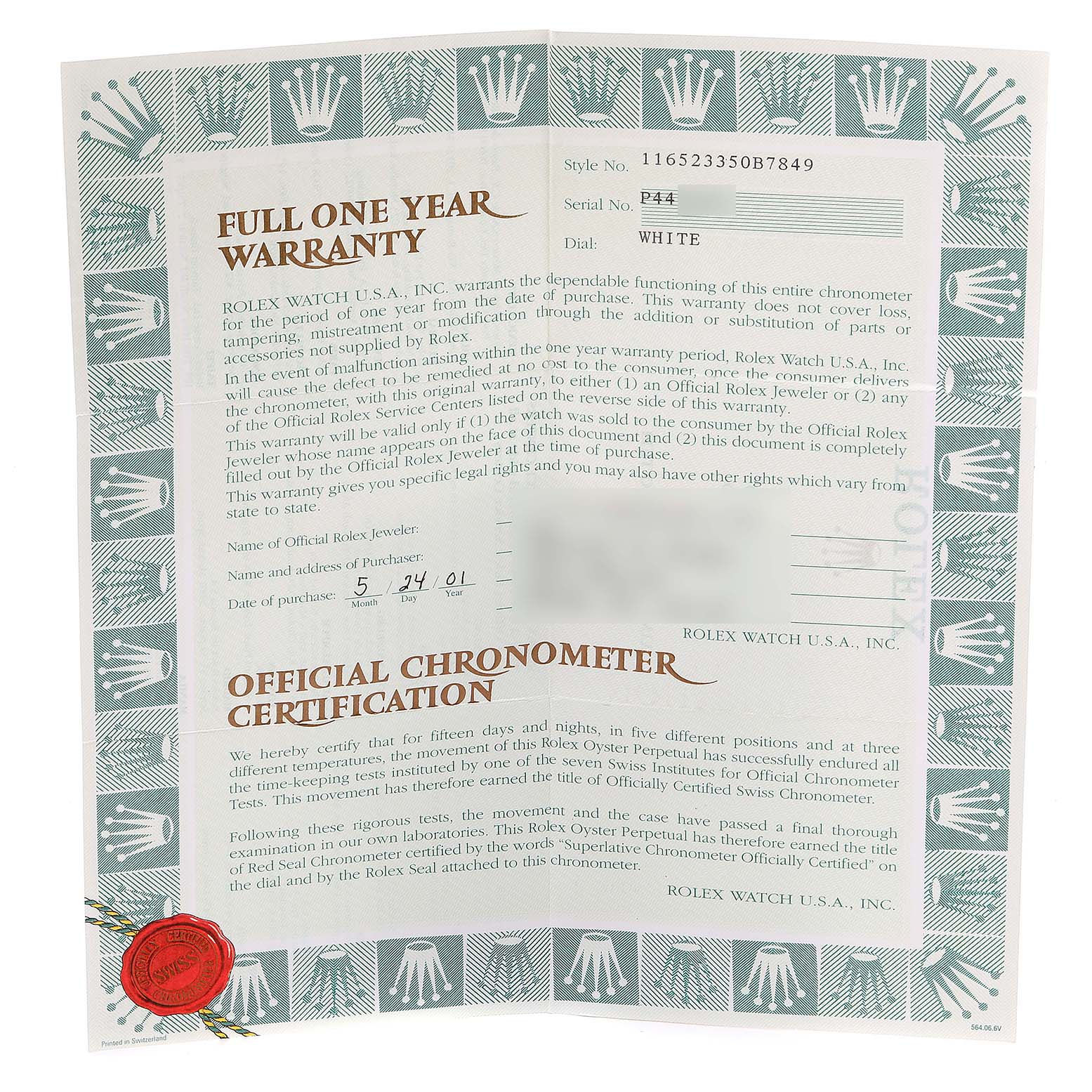 This image shows the official warranty and chronometer certification for a Rolex Daytona 116523 Men's Steel and Gold (two tone) White Dial 116523 Men's Steel and Gold (two tone) White Dial watch.