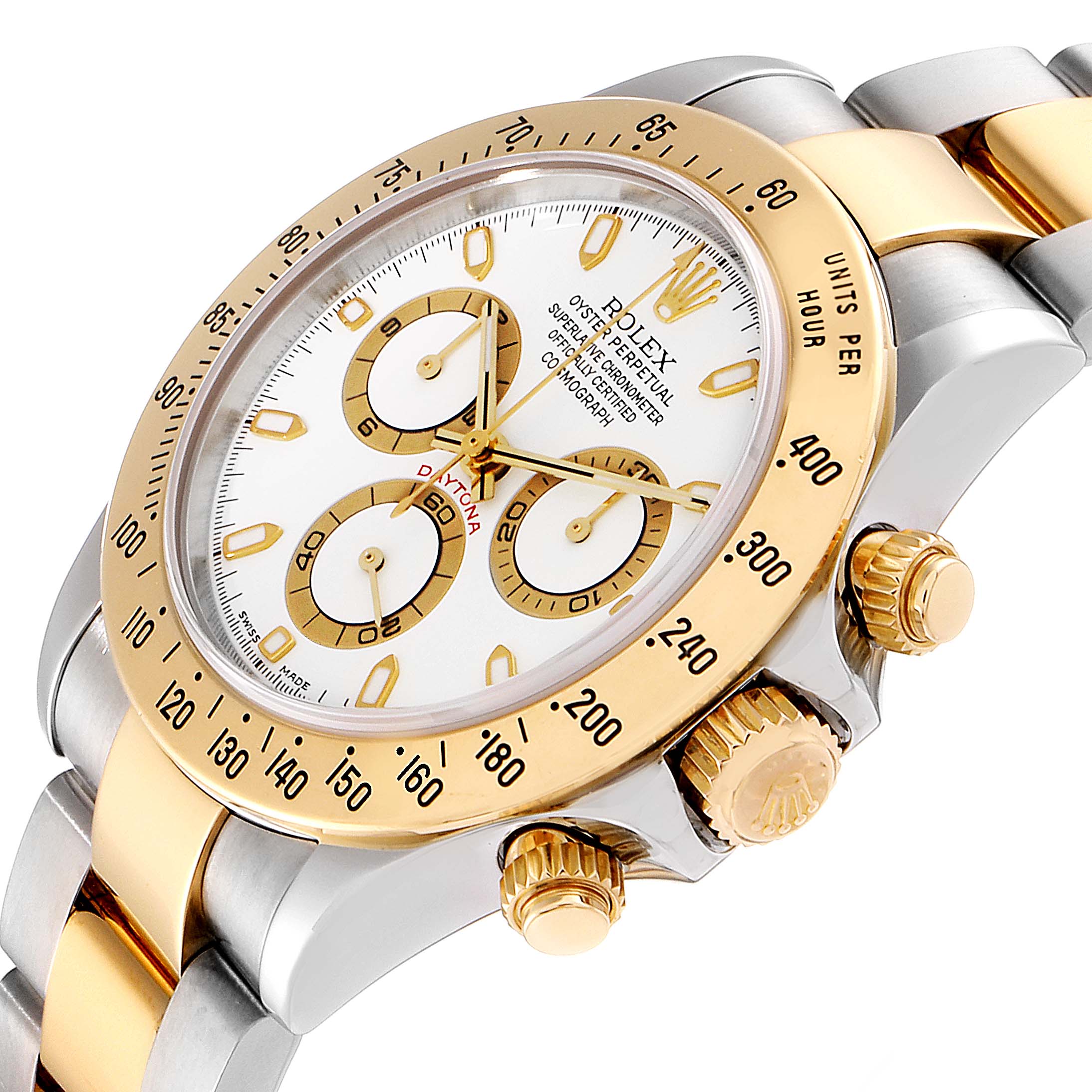 The image shows a side angle of a Rolex Daytona 116523 Men's Steel and Gold (two tone) White Dial 116523 Men's Steel and Gold (two tone) White Dial watch, highlighting its dial, bezel, crown, and part of the bracelet.