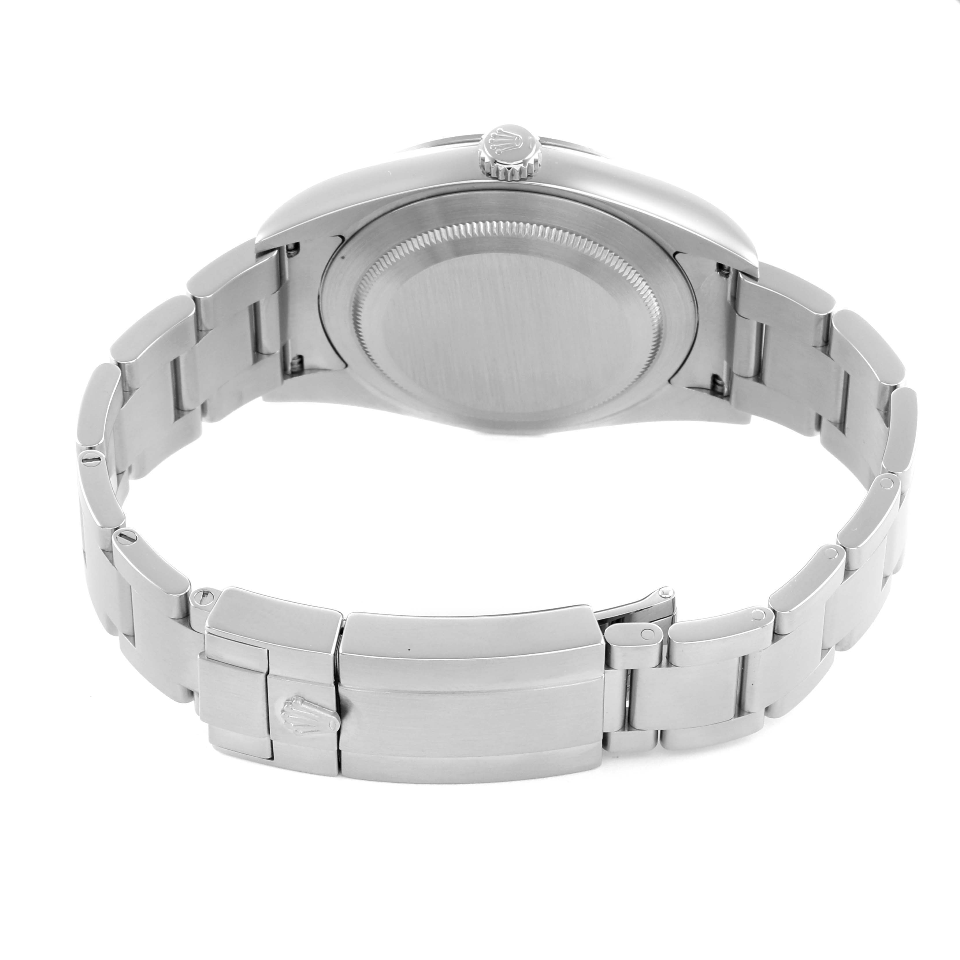 The image shows the back and side of the Rolex Explorer 214270 Men's Stainless Steel Black Dial, highlighting its case back, crown, and metal bracelet with clasp.