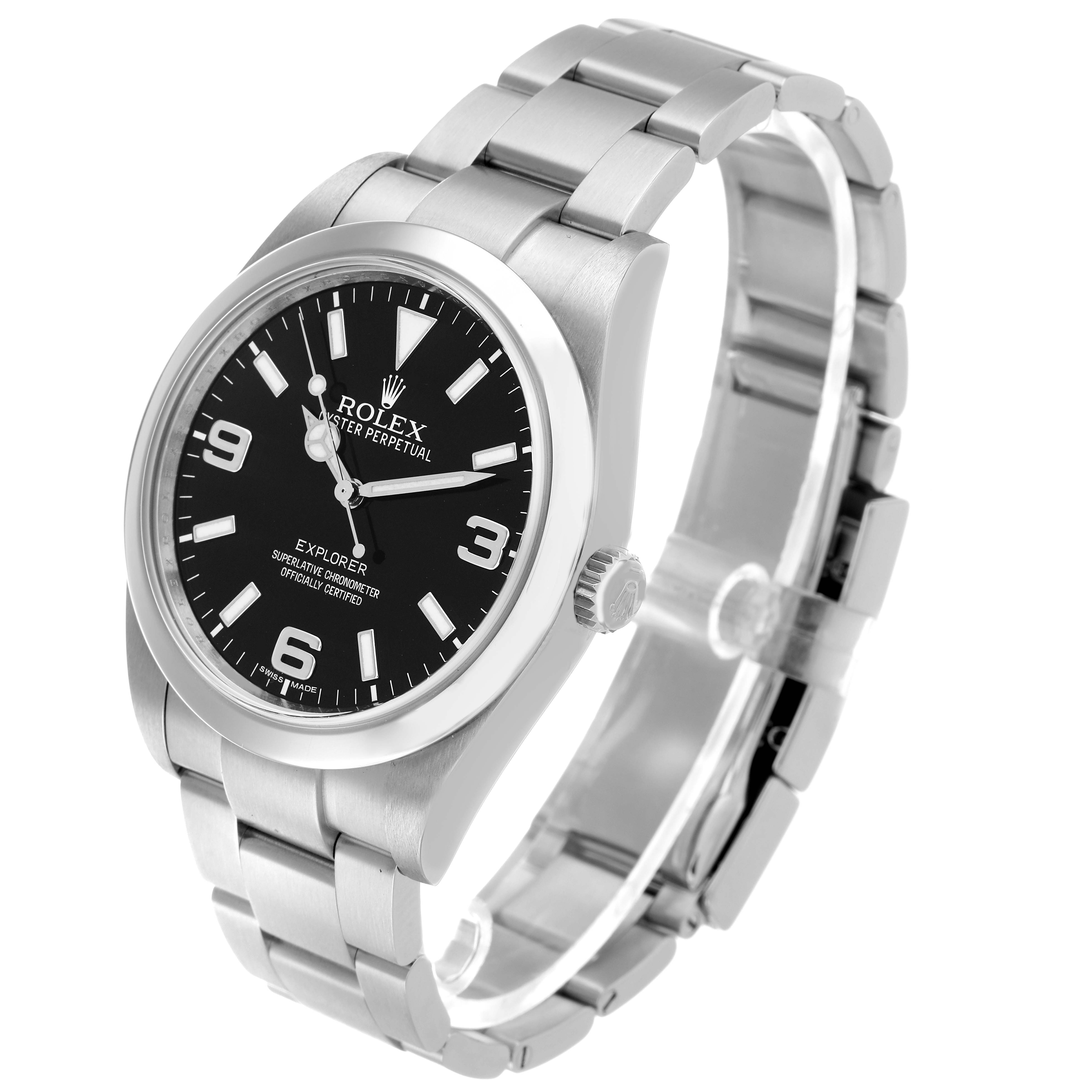 The Rolex Explorer 214270 Men's Stainless Steel Black Dial model is shown at an angled side view, highlighting the dial, bezel, crown, and bracelet.