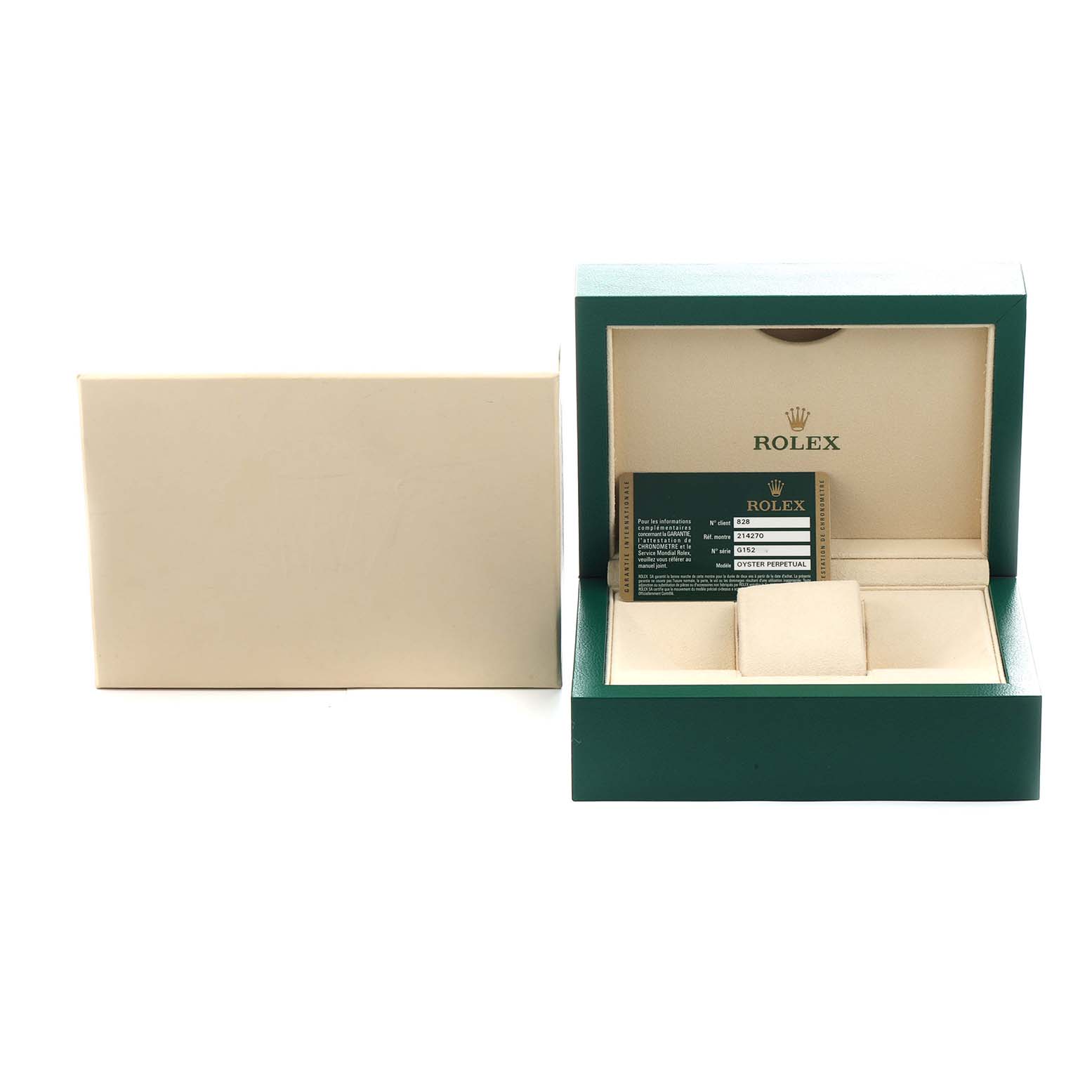 The image shows the box and warranty card for a Rolex Explorer 214270 Men's Stainless Steel Black Dial model, with no watch visible.