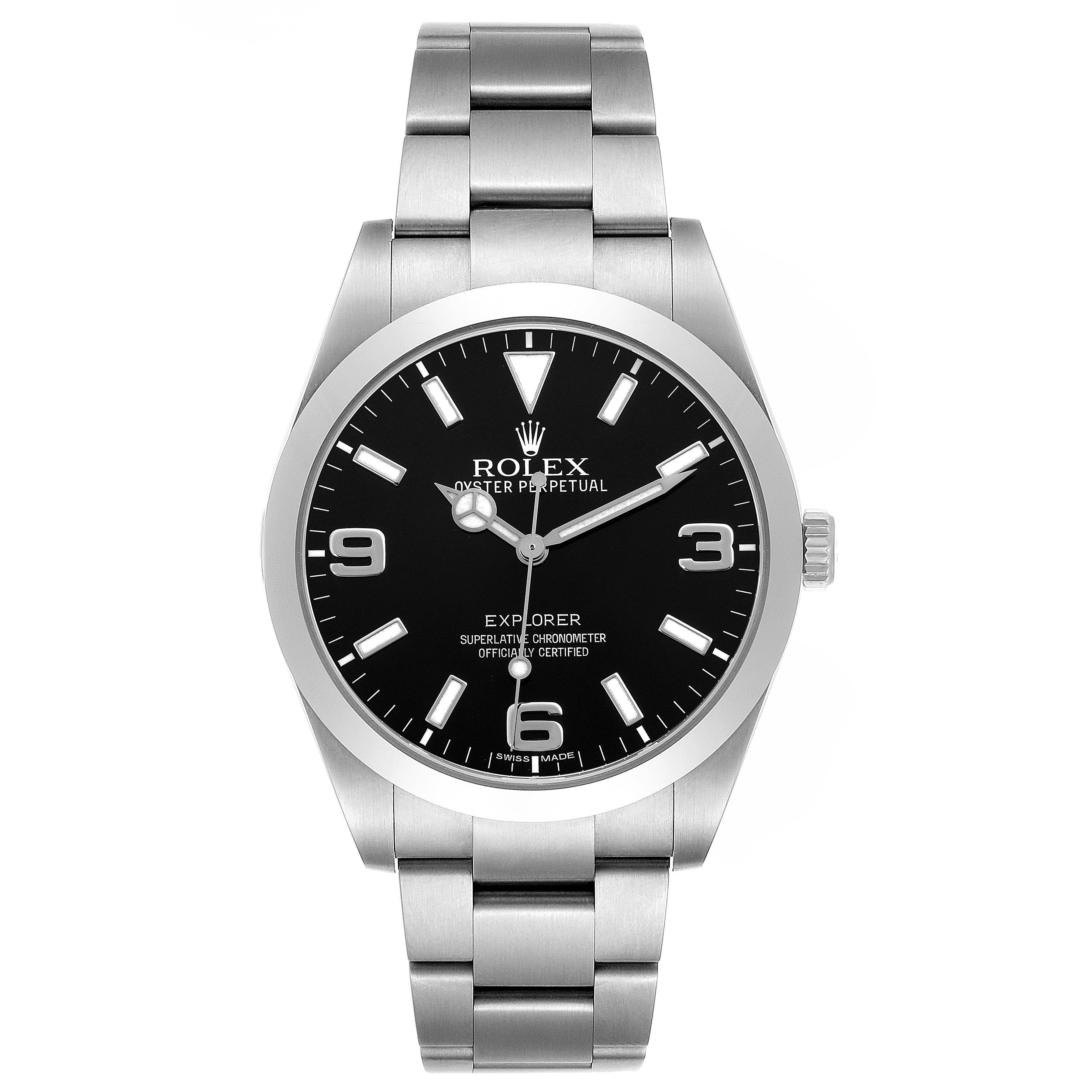 The Rolex Explorer 214270 Men's Stainless Steel Black Dial watch is shown from the front, displaying its dial, bezel, bracelet, and crown.