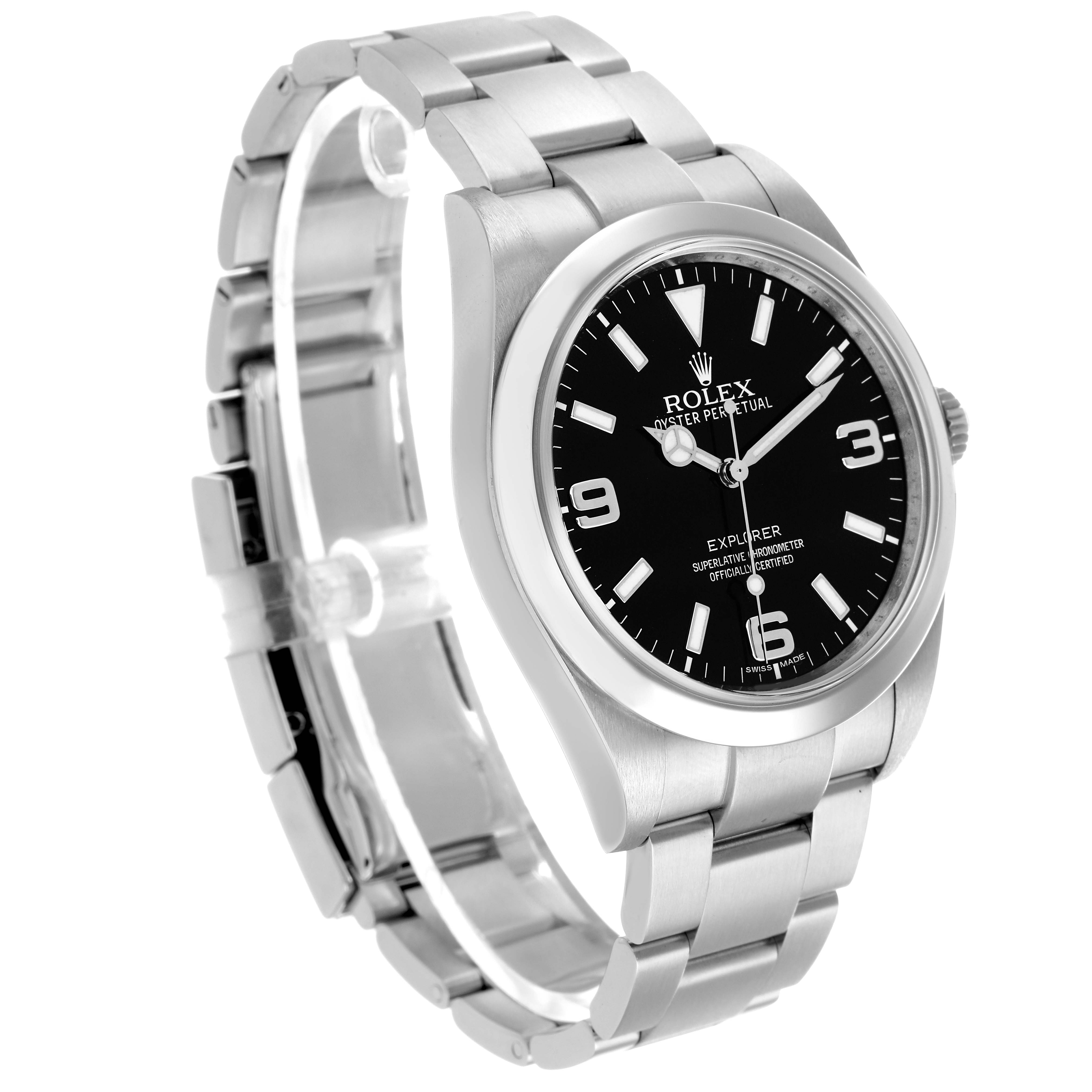 The Rolex Explorer 214270 Men's Stainless Steel Black Dial watch is shown at a three-quarter angle, highlighting the dial, case, and bracelet.