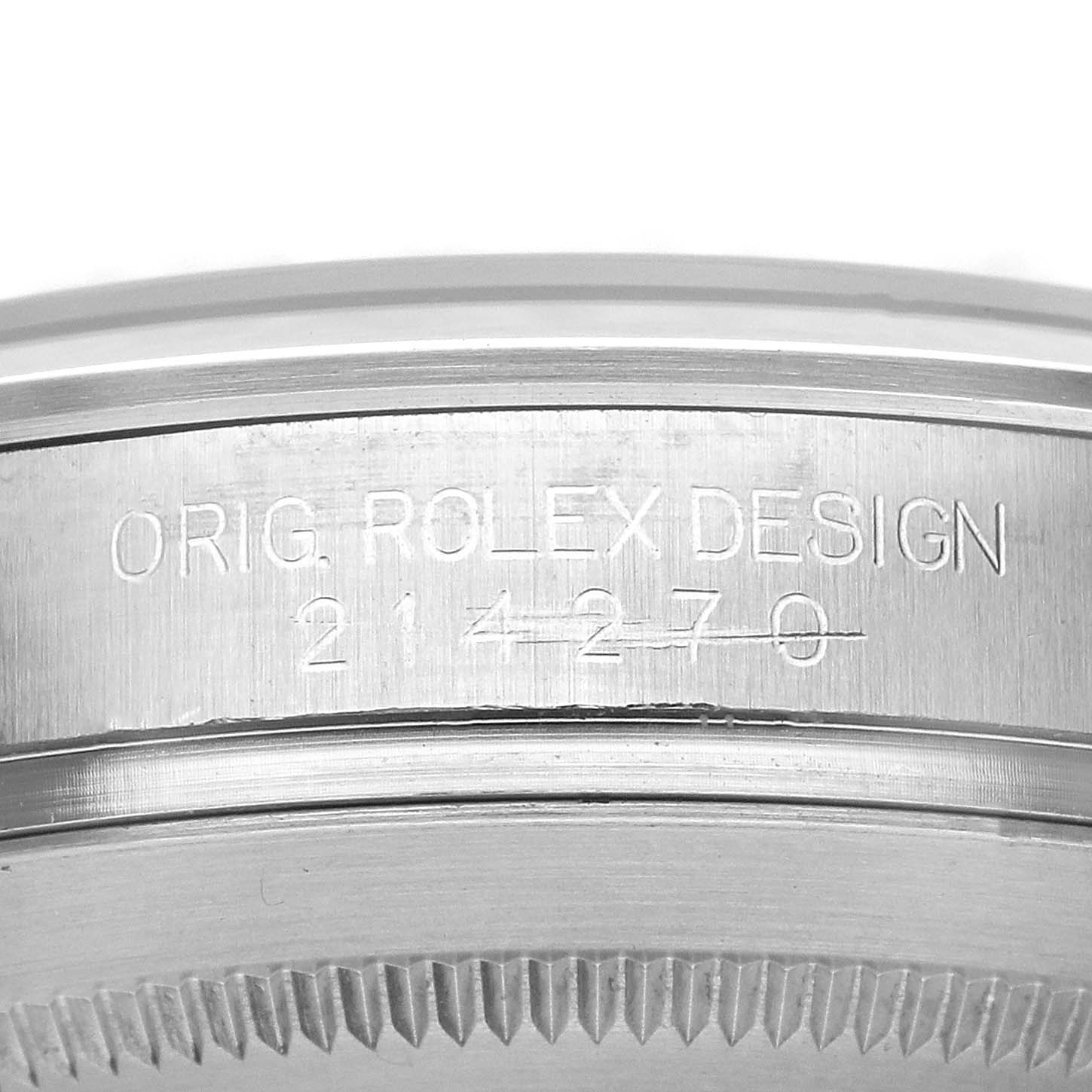The image shows the side of a Rolex Explorer 214270 Men's Stainless Steel Black Dial watch case with the model number "214270" engraved.