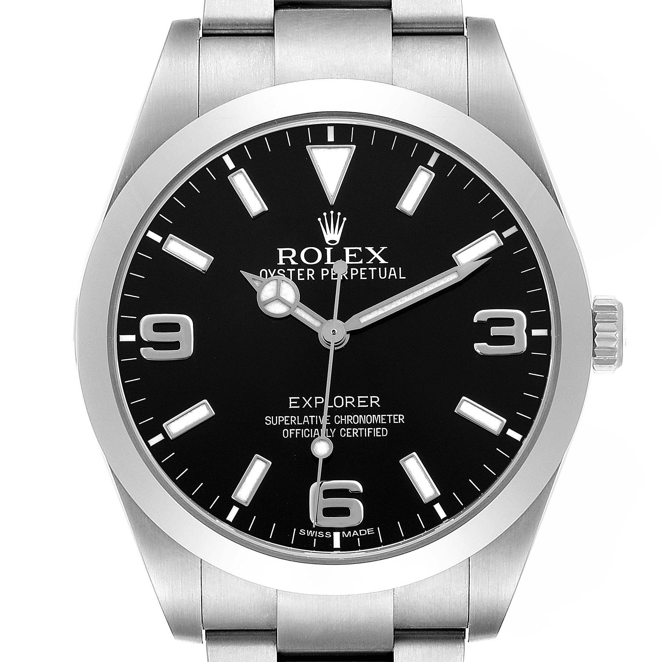 The image shows a front view of the Rolex Explorer 214270 Men's Stainless Steel Black Dial watch, highlighting the dial, hands, bezel, and part of the bracelet.