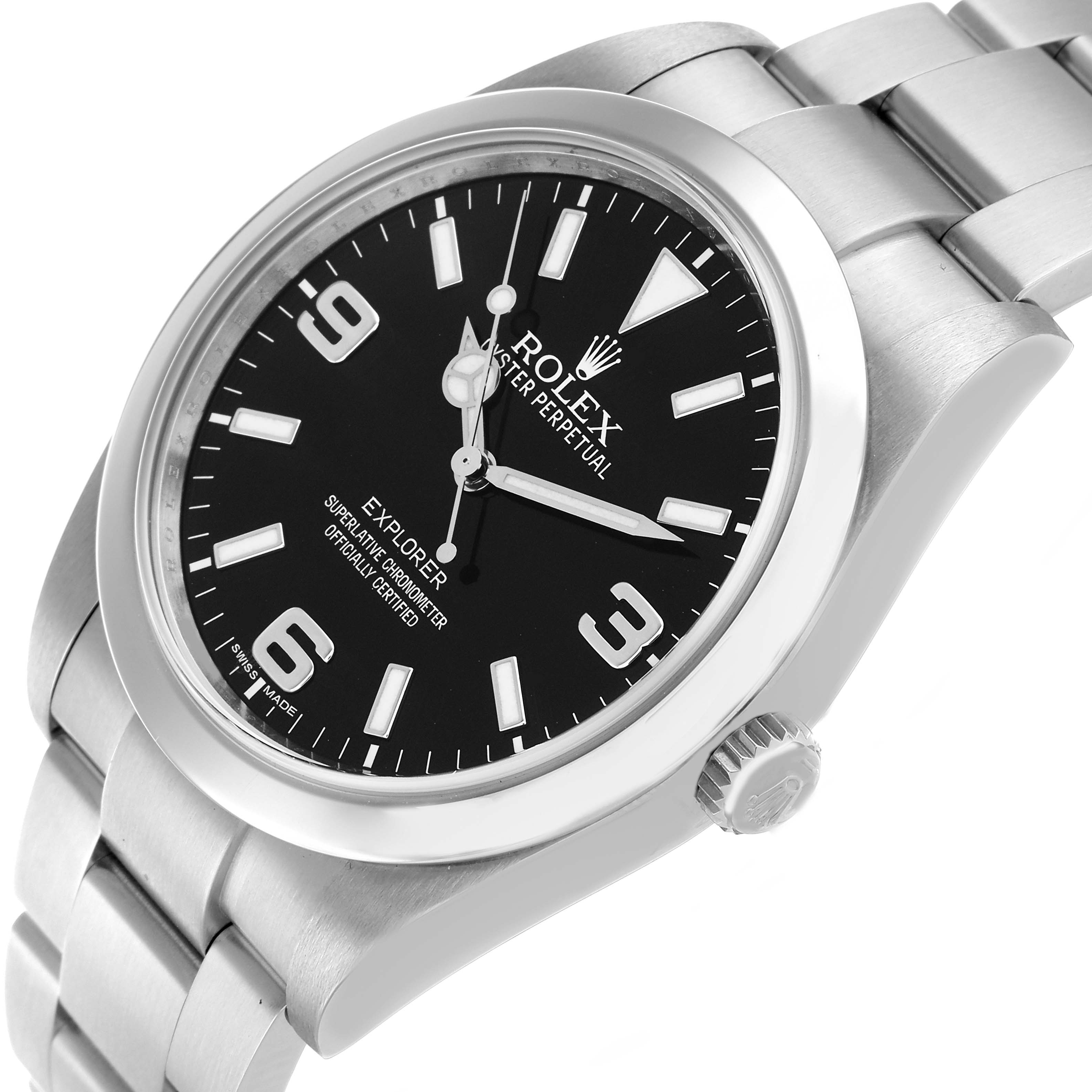 The image shows a Rolex Explorer 214270 Men's Stainless Steel Black Dial watch at a slight angle, highlighting its black dial, hour markers, hands, and metal bracelet.