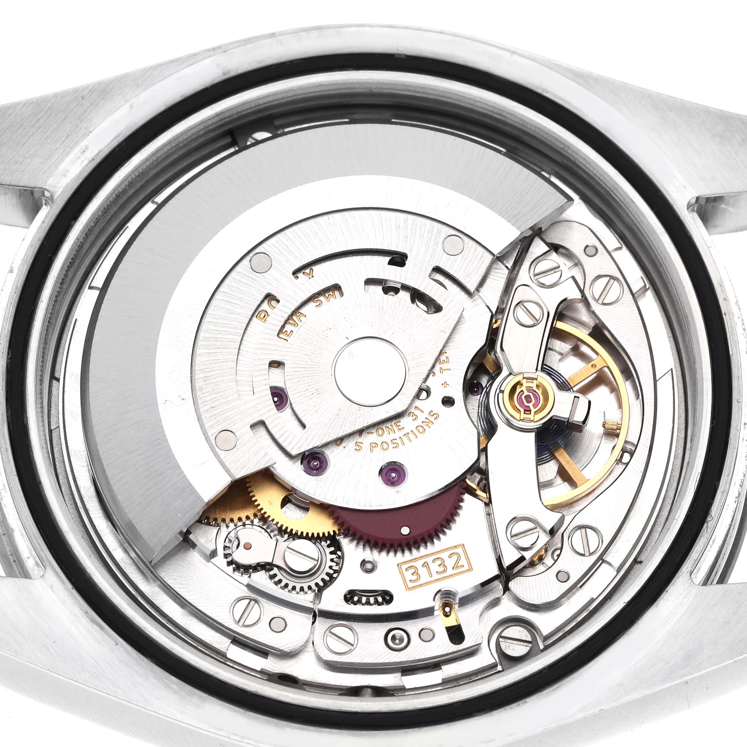 The image shows the internal mechanism of a Rolex Explorer 214270 Men's Stainless Steel Black Dial watch from a back angle, highlighting the movement parts.