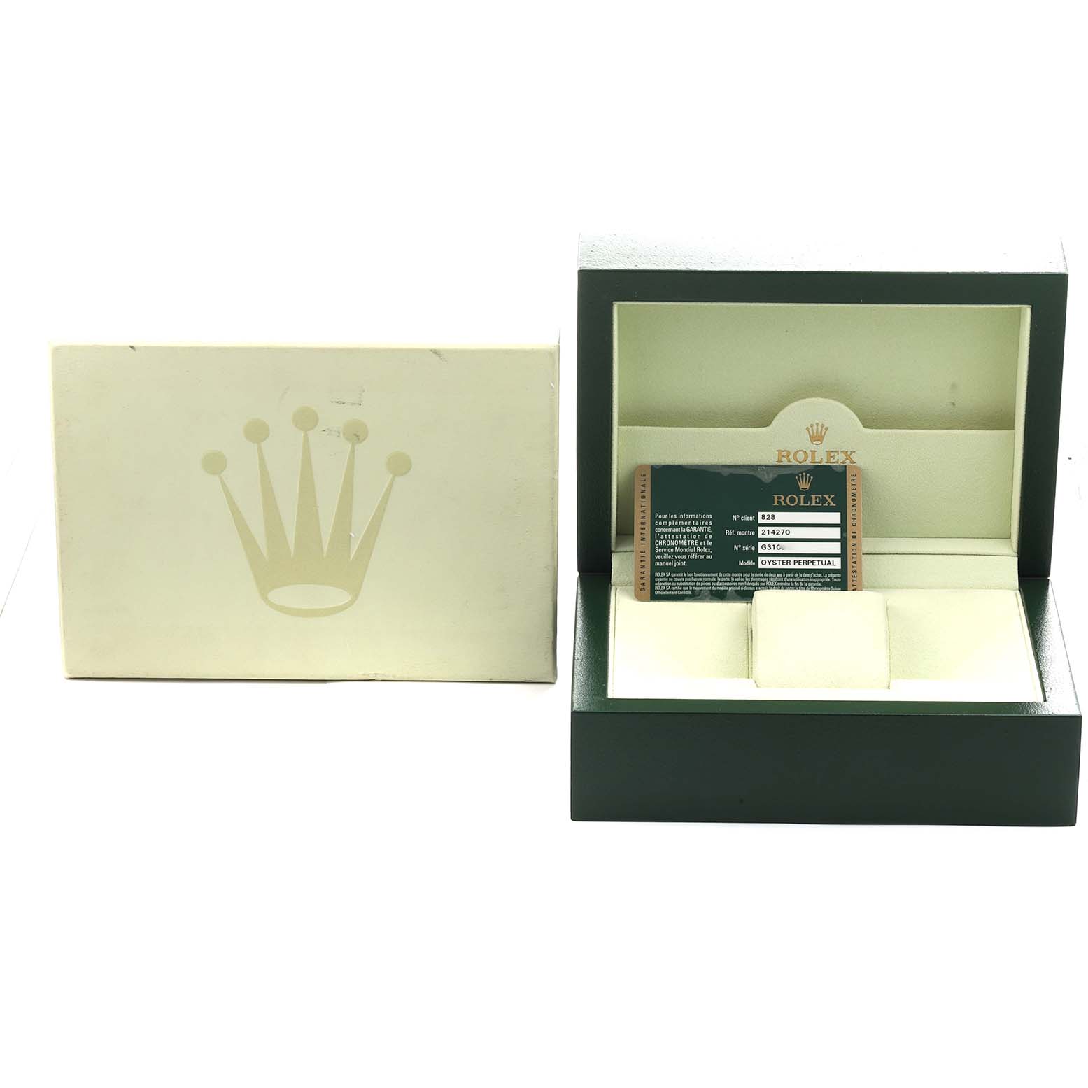 The image shows a Rolex Explorer 214270 Men's Stainless Steel Black Dial watch box and warranty card, viewed from the front.