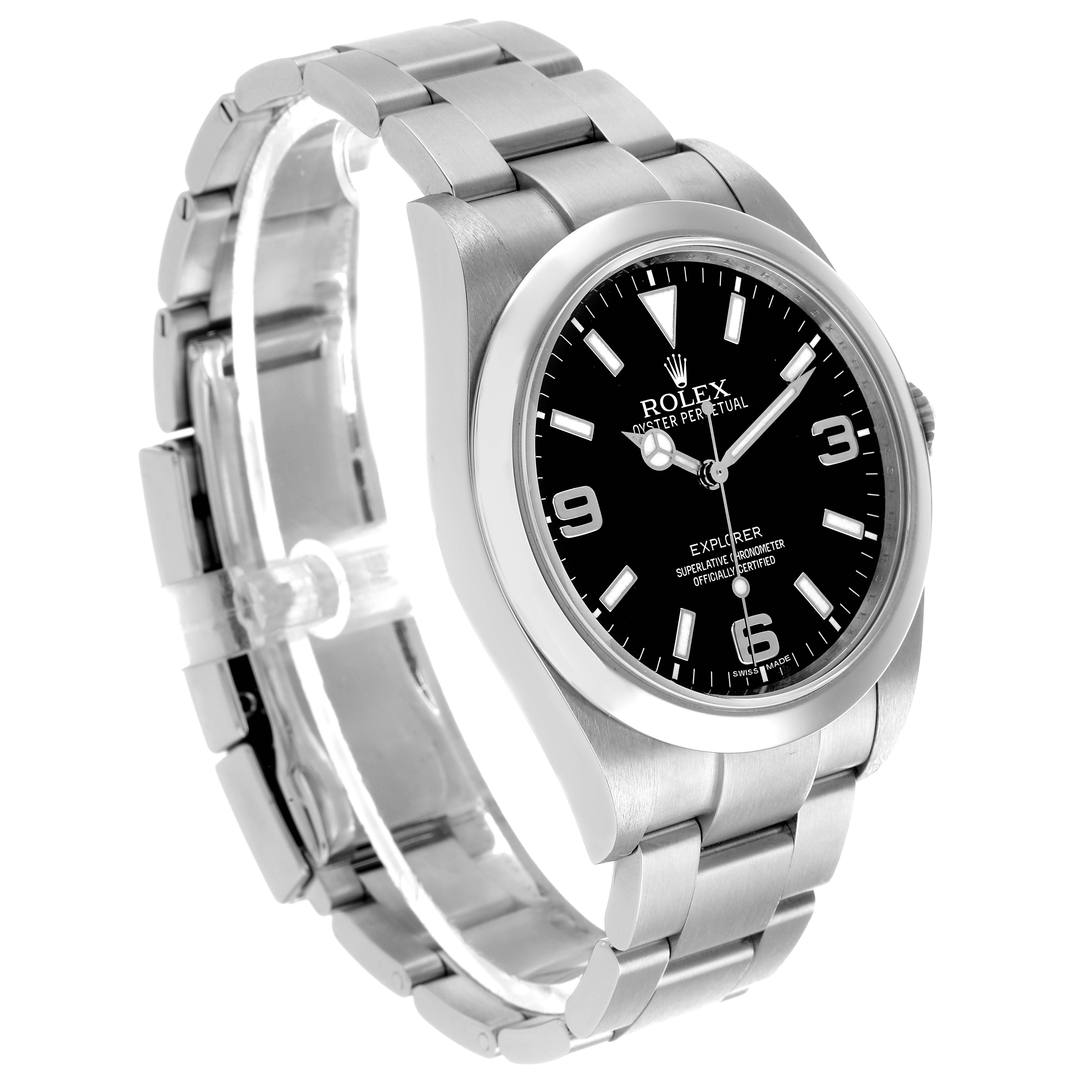 The Rolex Explorer 214270 Men's Stainless Steel Black Dial watch is shown at a three-quarter angle highlighting the dial, bezel, and bracelet.