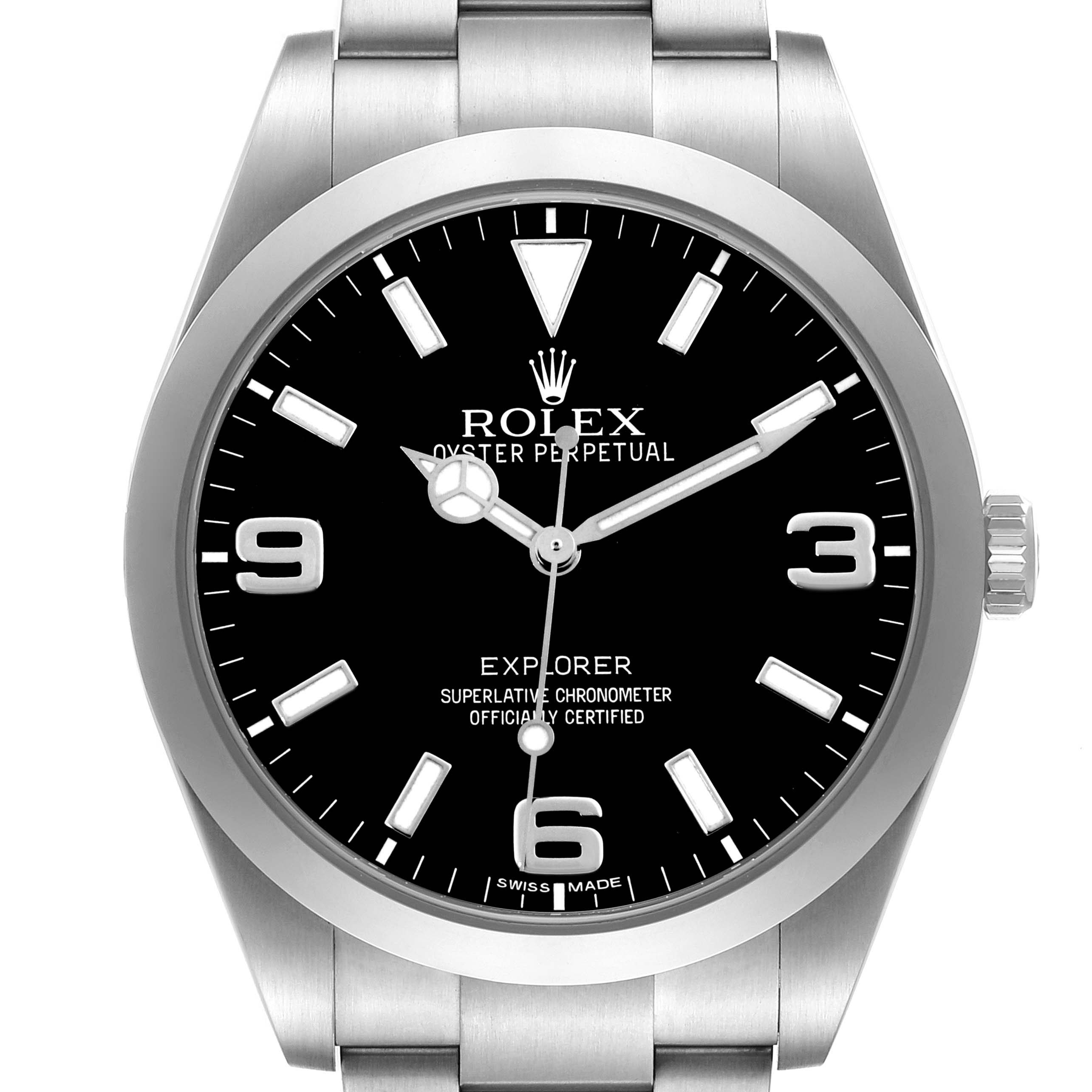 The Rolex Explorer 214270 Men's Stainless Steel Black Dial watch is shown from a front angle, displaying the dial, markers, hands, case, and part of the bracelet.