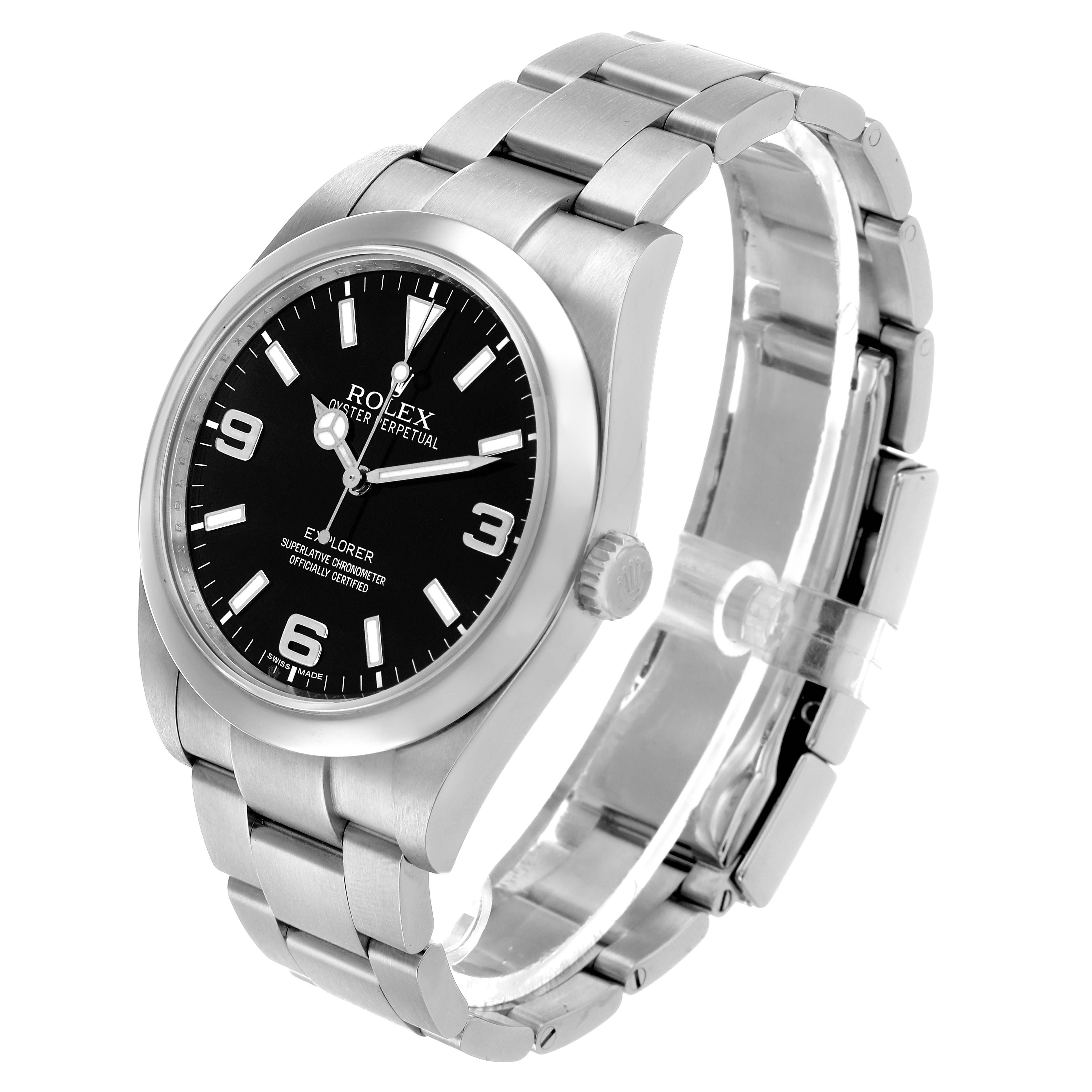 The Rolex Explorer 214270 Men's Stainless Steel Black Dial watch is shown at a three-quarter angle, highlighting the dial, bezel, crown, and bracelet.