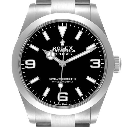 The Rolex Explorer 224270 Men's Stainless Steel Black Dial watch is shown from a front view, highlighting the dial, hands, and crown.