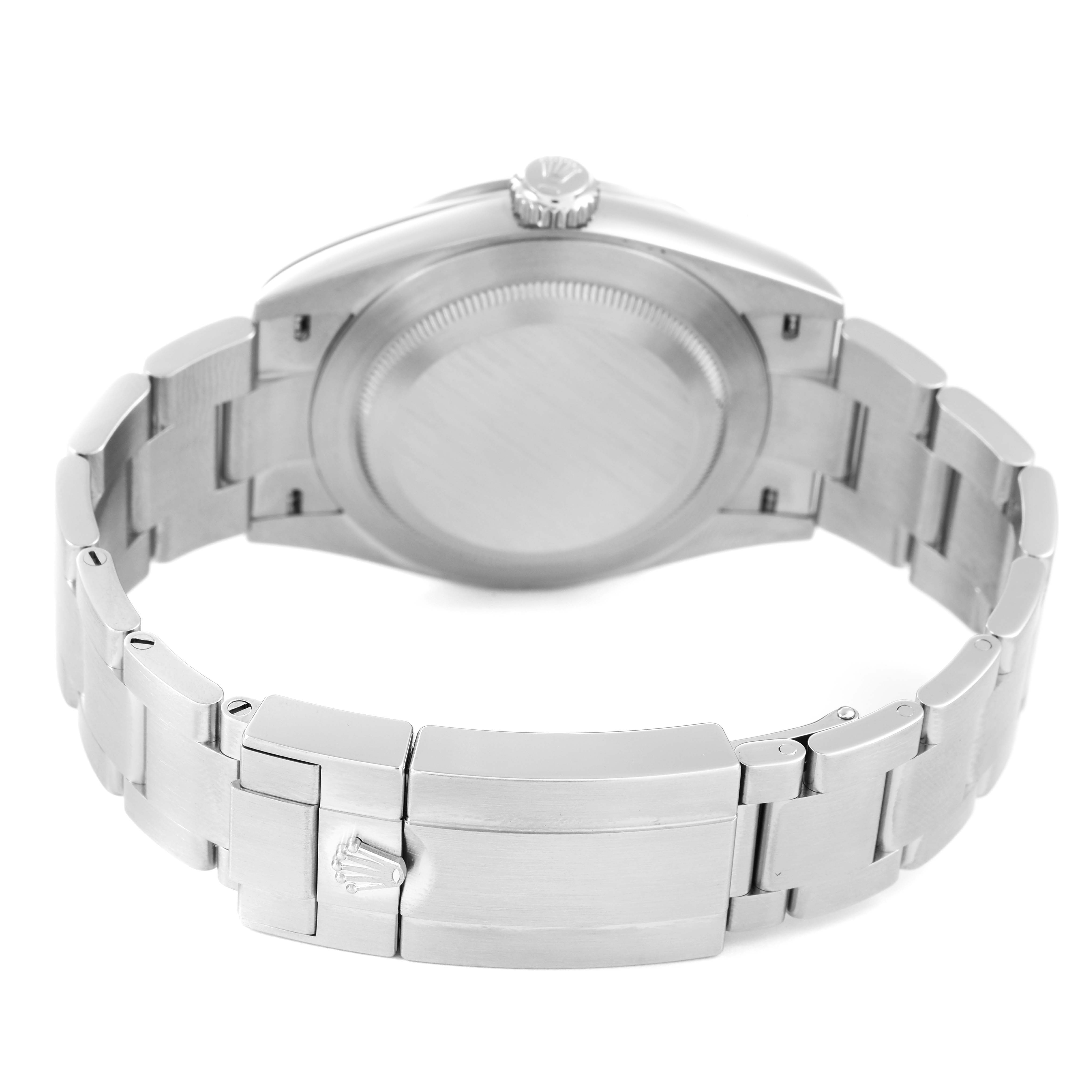 The image shows the back case and bracelet of a Rolex Explorer 224270 Men's Stainless Steel Black Dial watch from a rear angle.