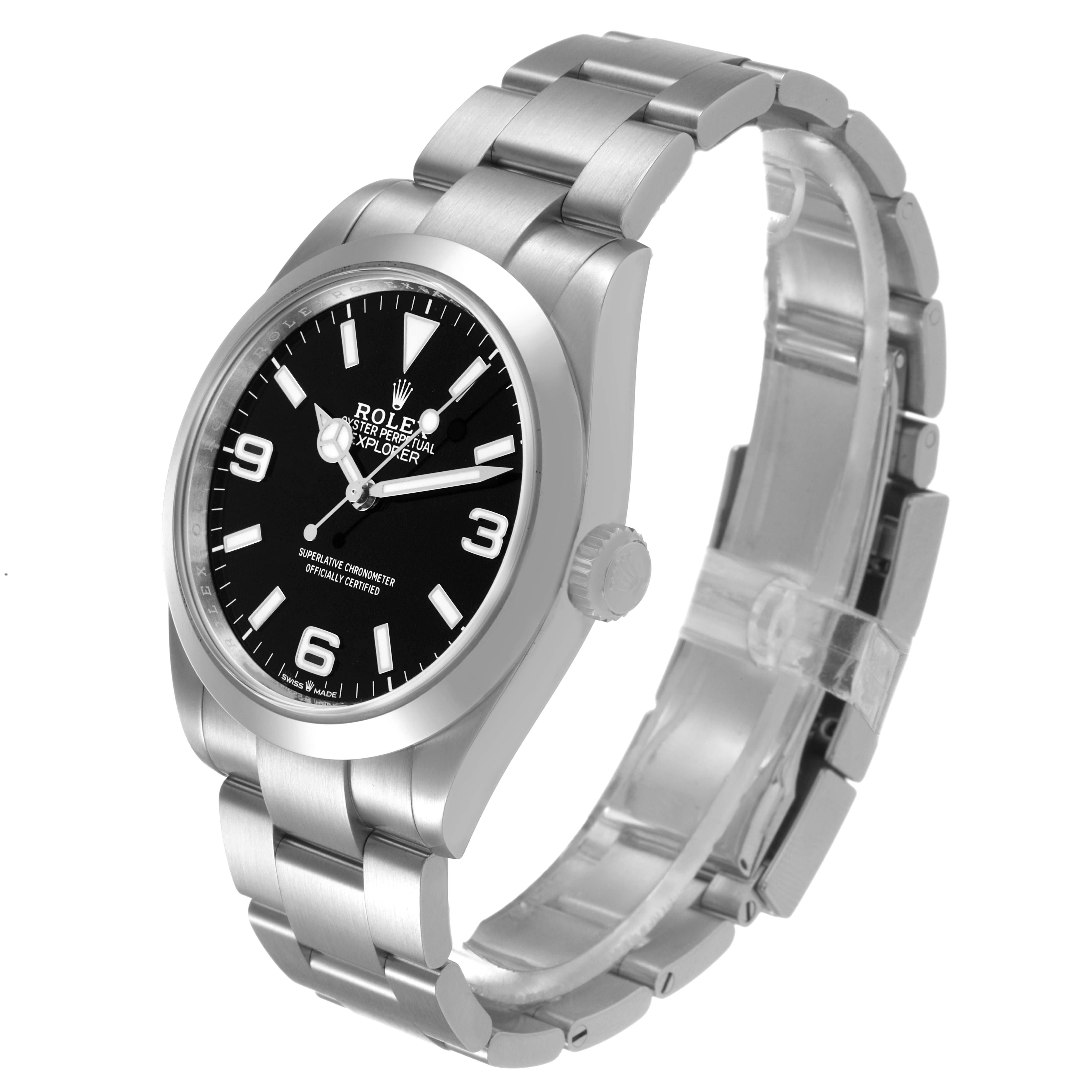 The Rolex Explorer 224270 Men's Stainless Steel Black Dial watch is shown at a three-quarter angle, displaying its black dial, crown, and stainless steel bracelet.
