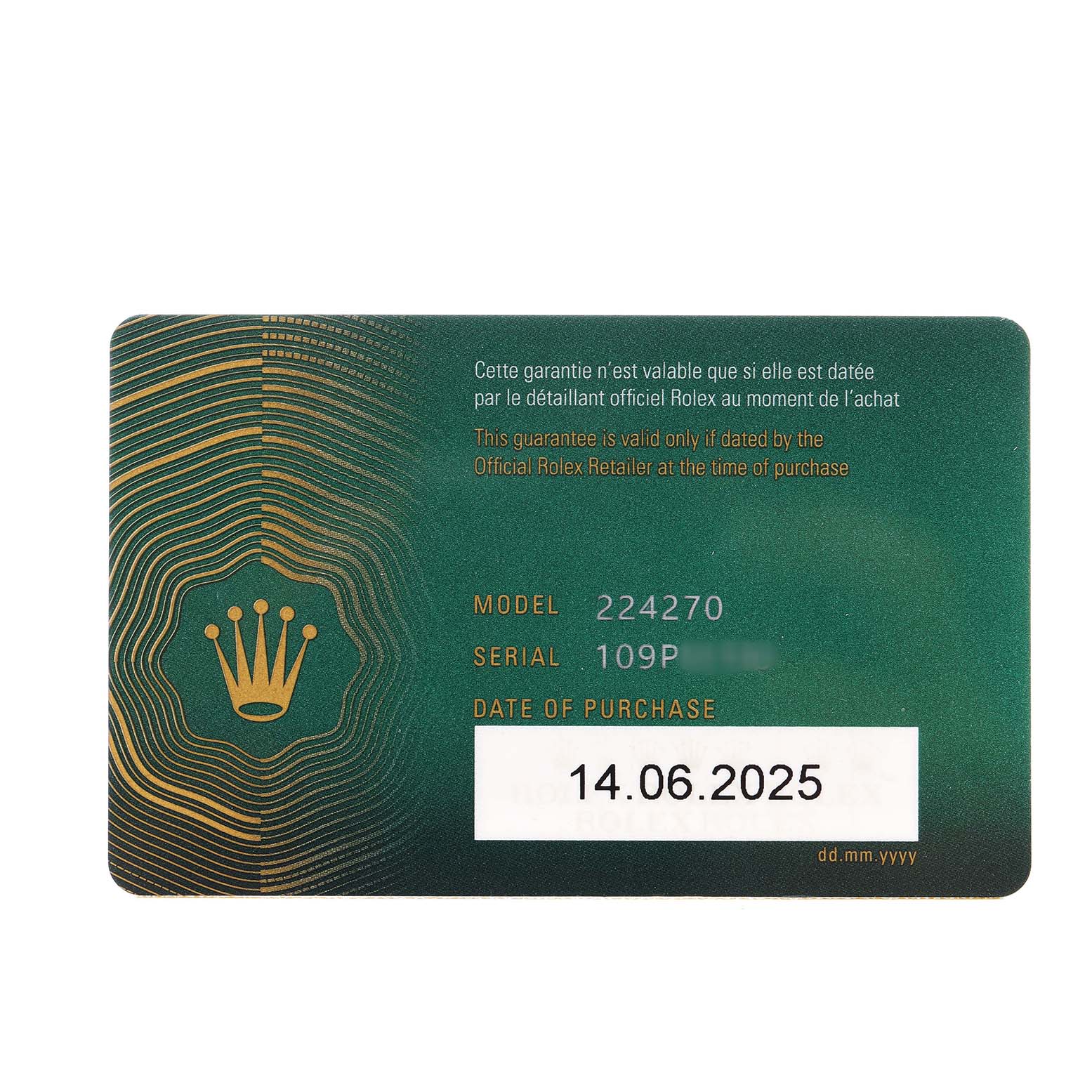 The image shows a warranty card for the Rolex Explorer 224270 Men's Stainless Steel Black Dial model 224270.