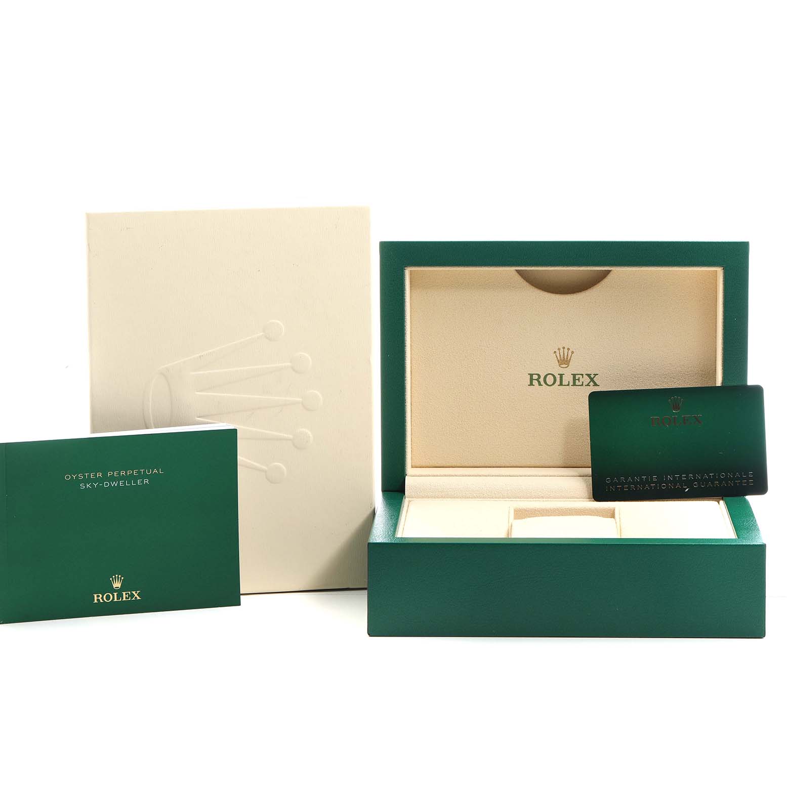 The image shows packaging and accessories for a Rolex Explorer 224270 Men's Stainless Steel Black Dial watch, including a green box, warranty card, and instruction booklet.