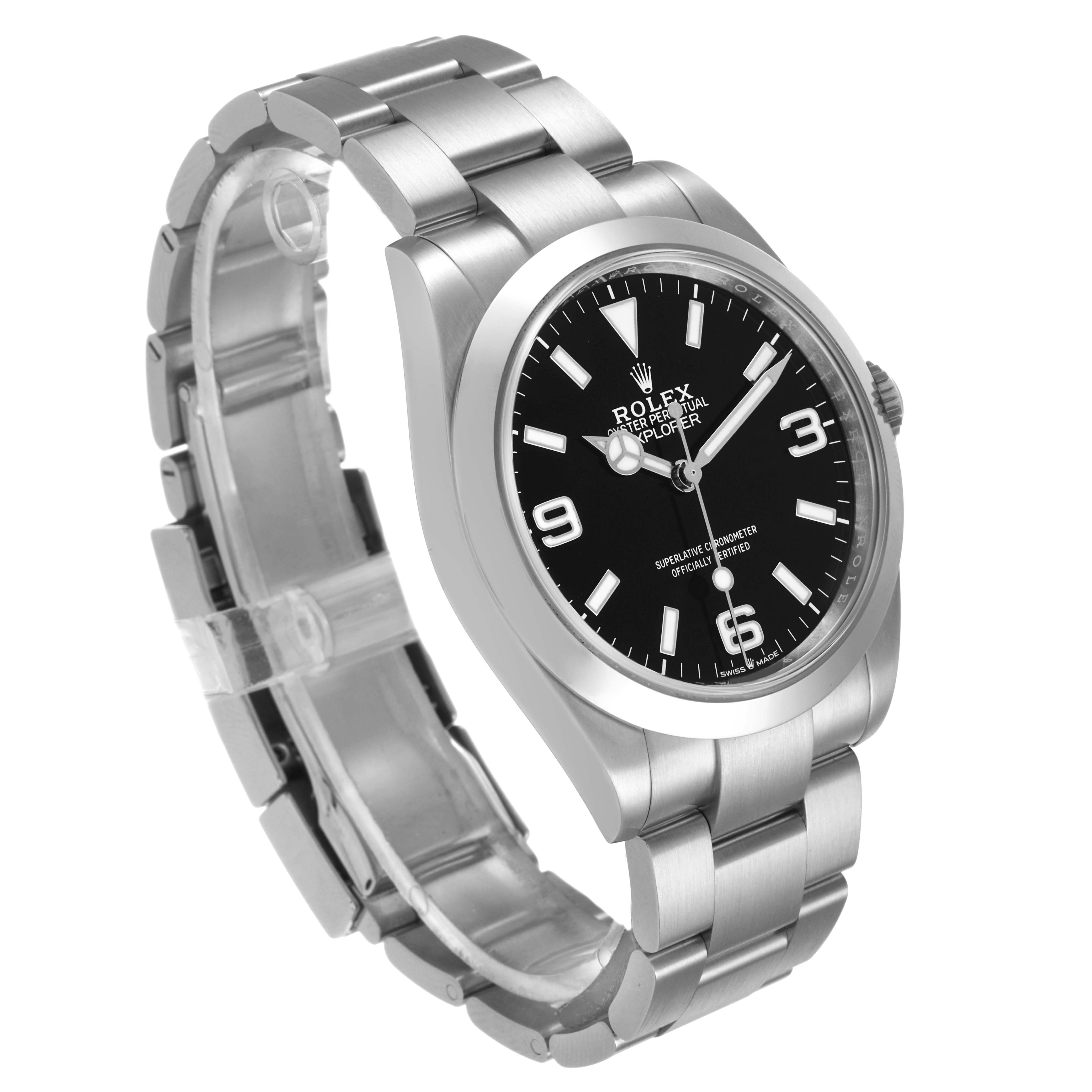 The Rolex Explorer 224270 Men's Stainless Steel Black Dial watch is shown at a three-quarter angle, displaying the face, bezel, crown, and part of the bracelet.