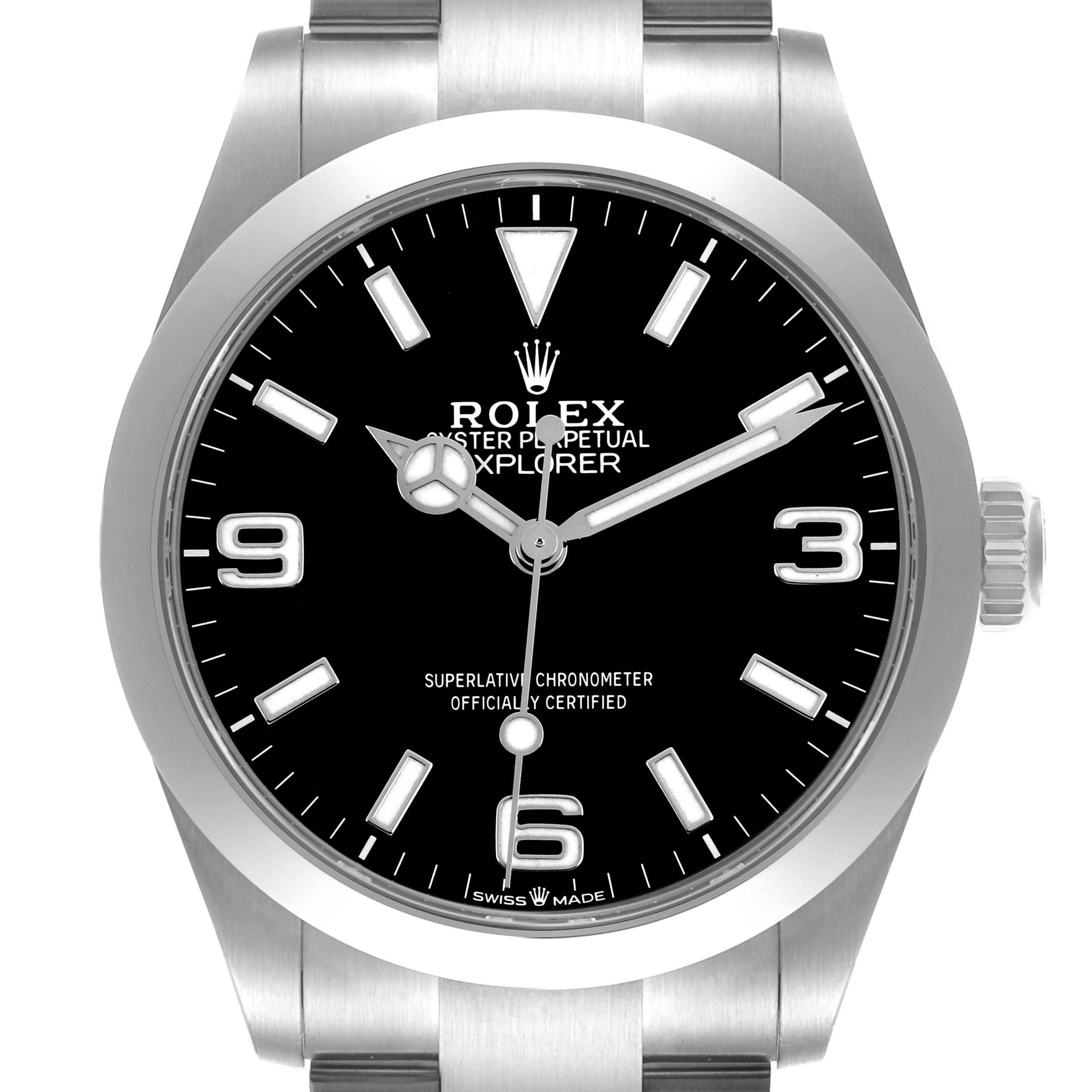 The image shows a front view of the Rolex Explorer 224270 Men's Stainless Steel Black Dial watch, displaying the dial, hands, and part of the bracelet.