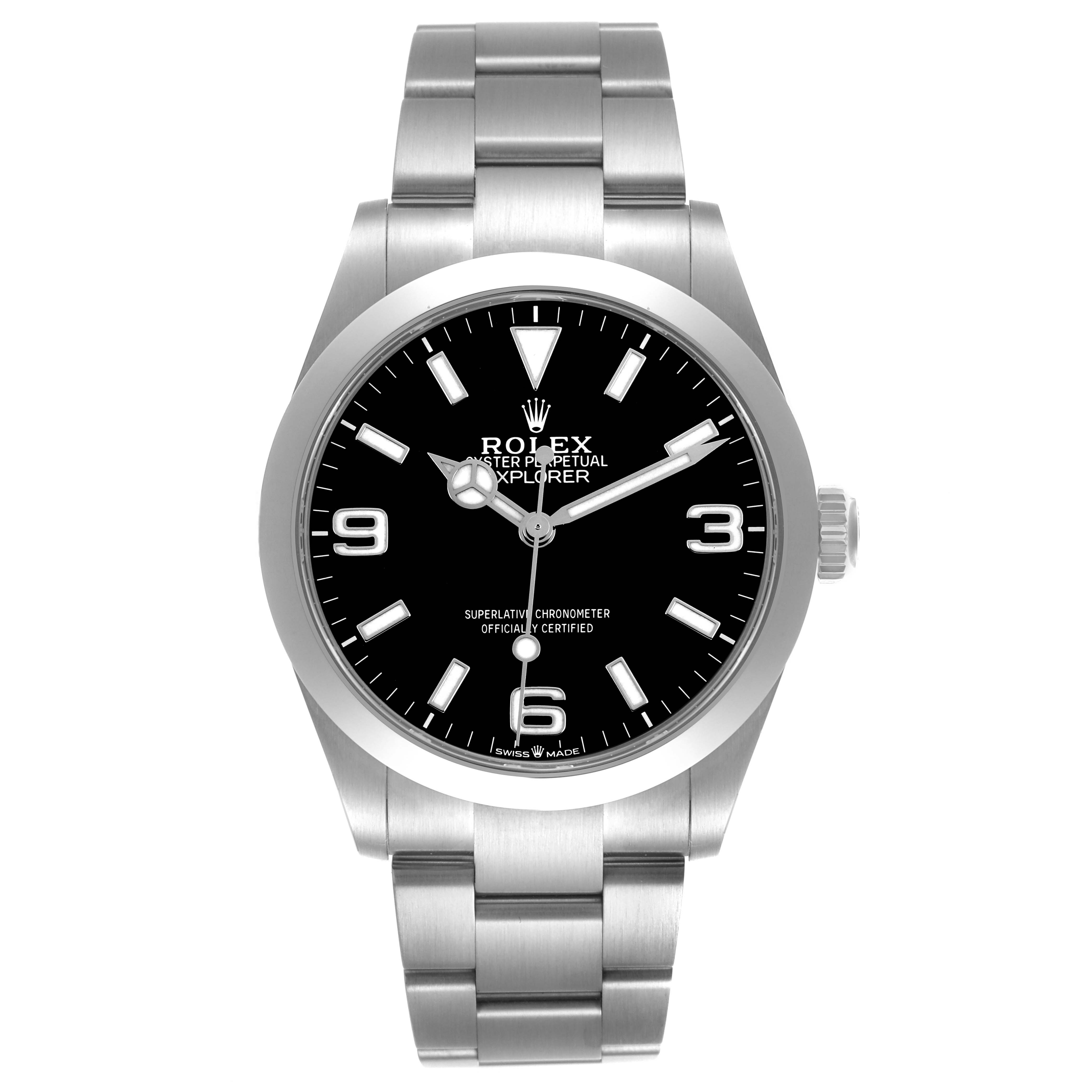 The image shows a front view of the Rolex Explorer 224270 Men's Stainless Steel Black Dial watch, highlighting its dial, bezel, and bracelet.