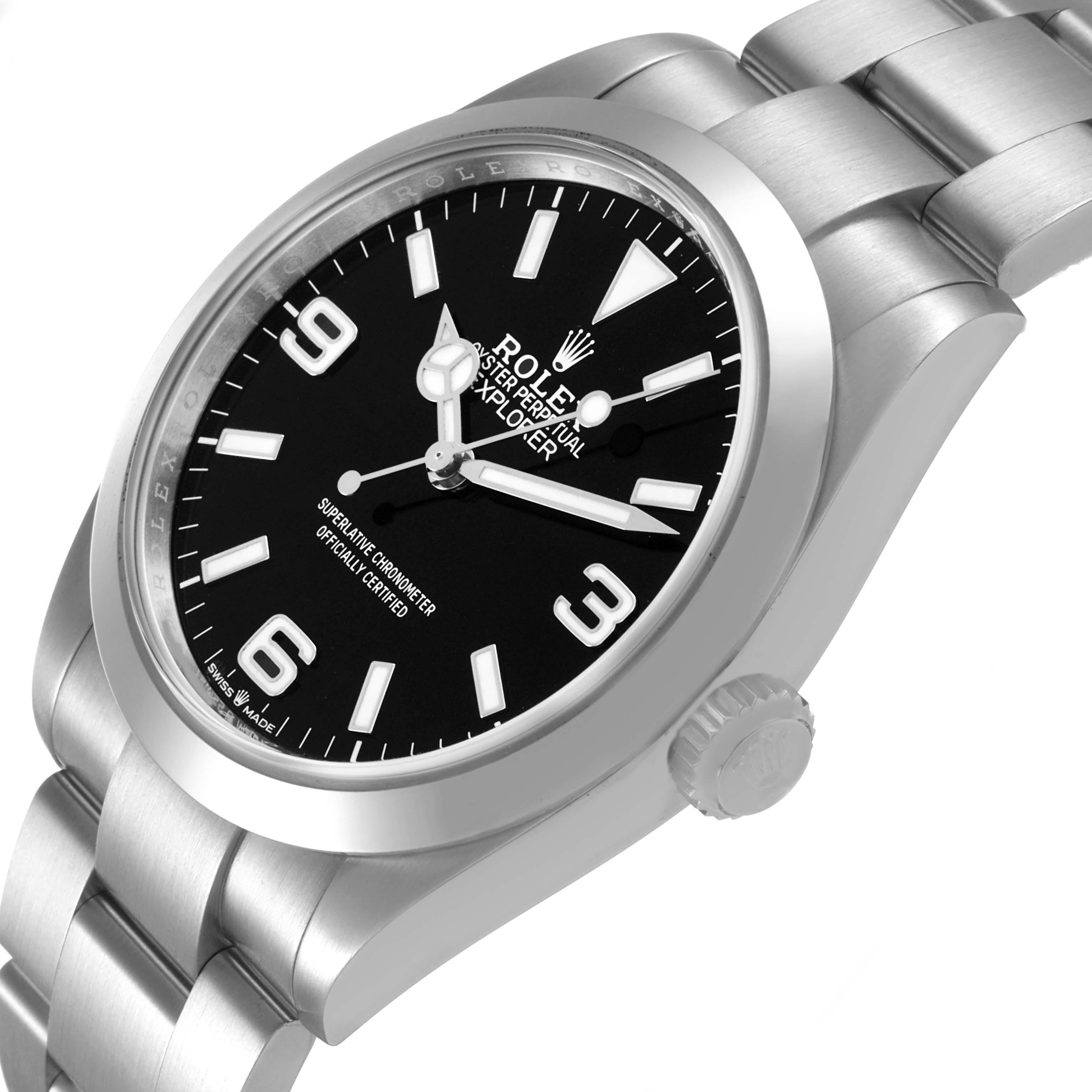 The Rolex Explorer 224270 Men's Stainless Steel Black Dial is shown at an angled side view featuring the face, bezel, crown, and part of the bracelet.
