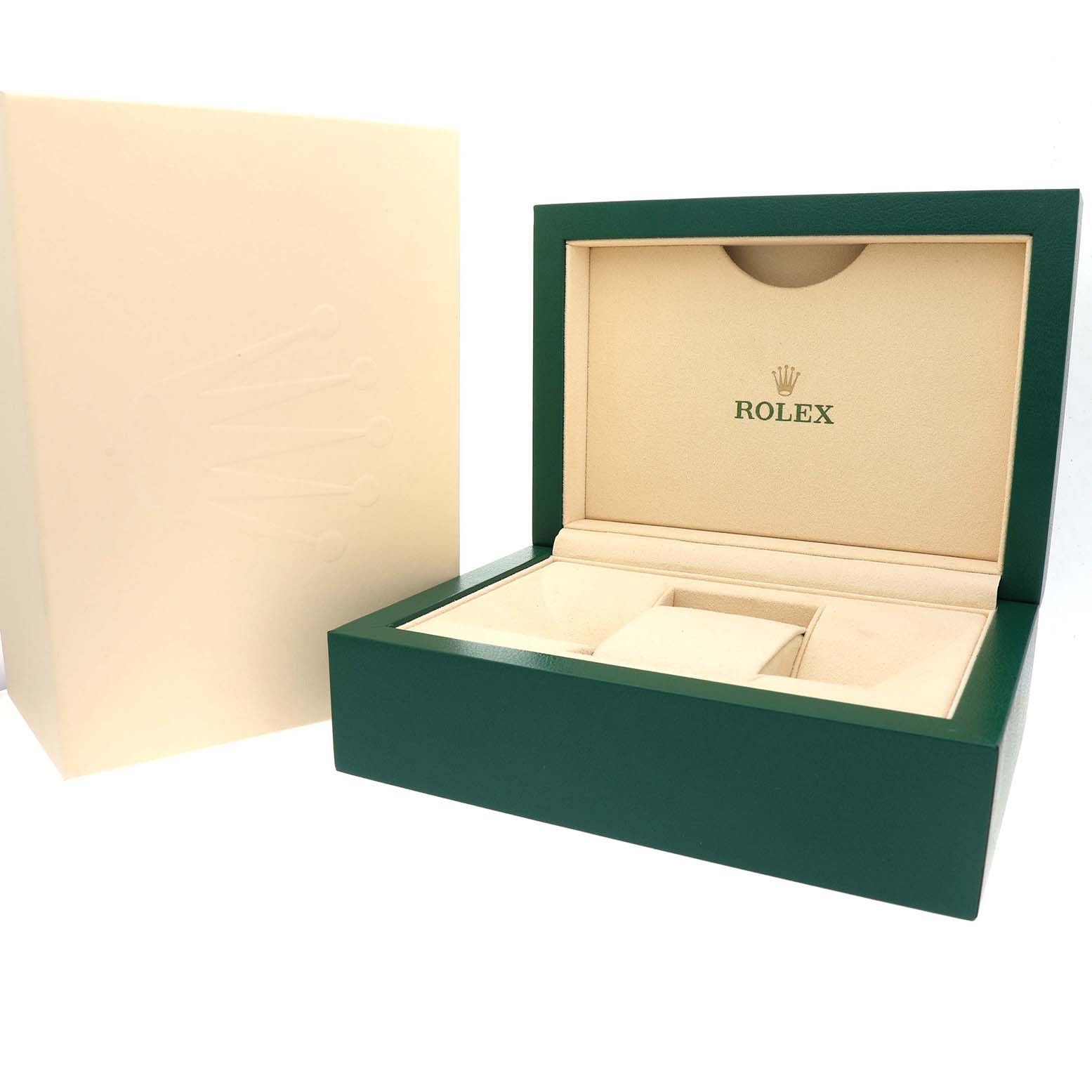 The image shows an open Rolex Explorer 124273 Men's Steel and Gold (two tone) Black Dial box from an angled view, displaying its interior compartments.