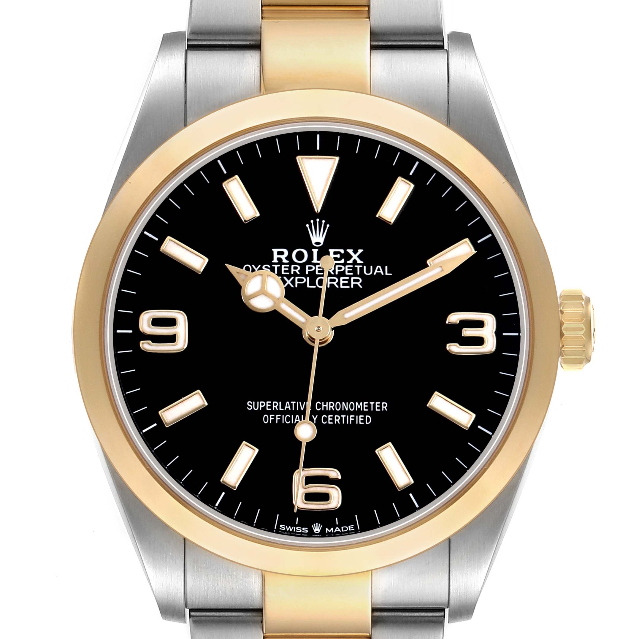 The Rolex Explorer 124273 Men's Steel and Gold (two tone) Black Dial watch is shown from a front angle, highlighting its black dial, gold bezel, hands, numerals, and part of the bracelet.