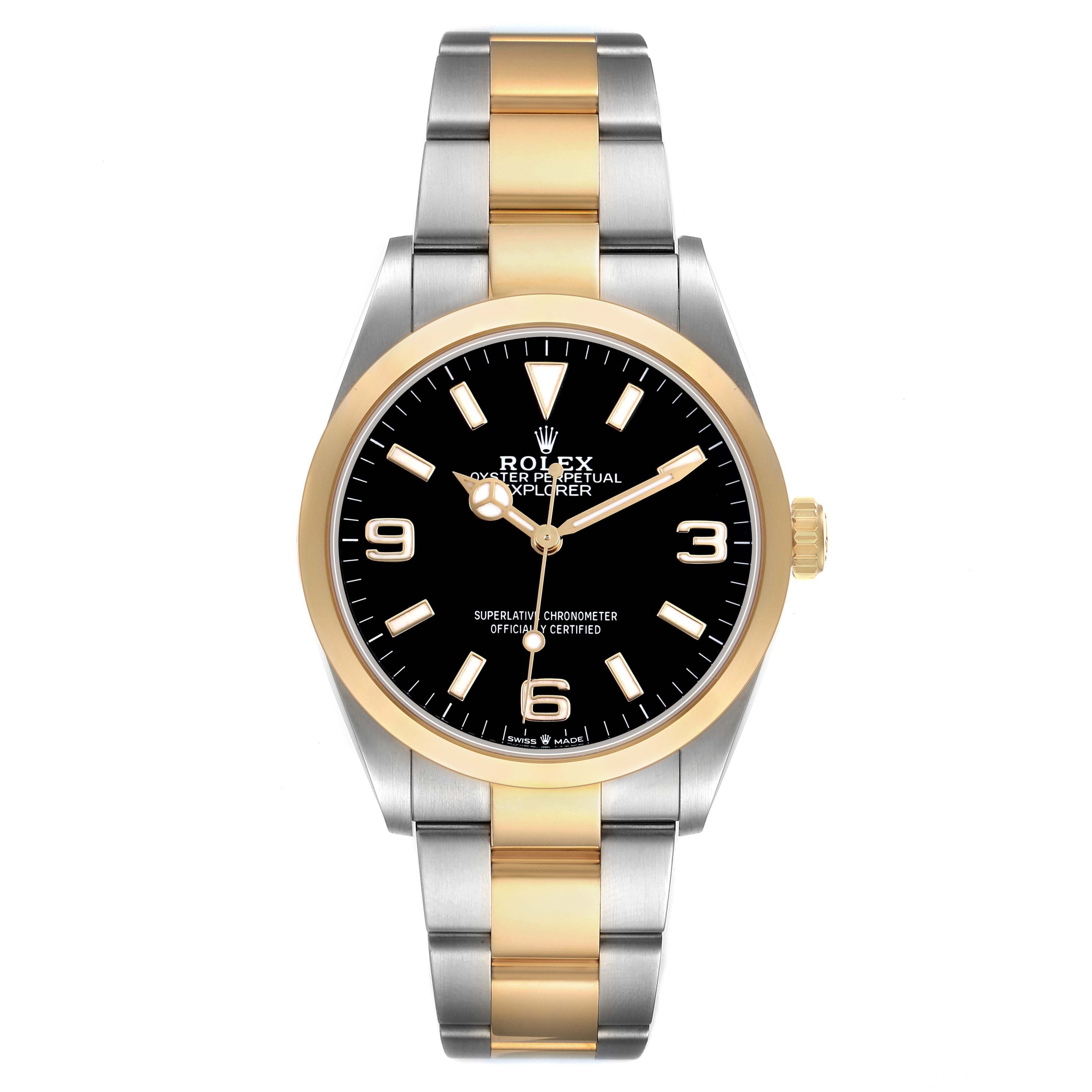 The Rolex Explorer 124273 Men's Steel and Gold (two tone) Black Dial watch is shown from a top angle, featuring a gold and silver bracelet and a black dial.