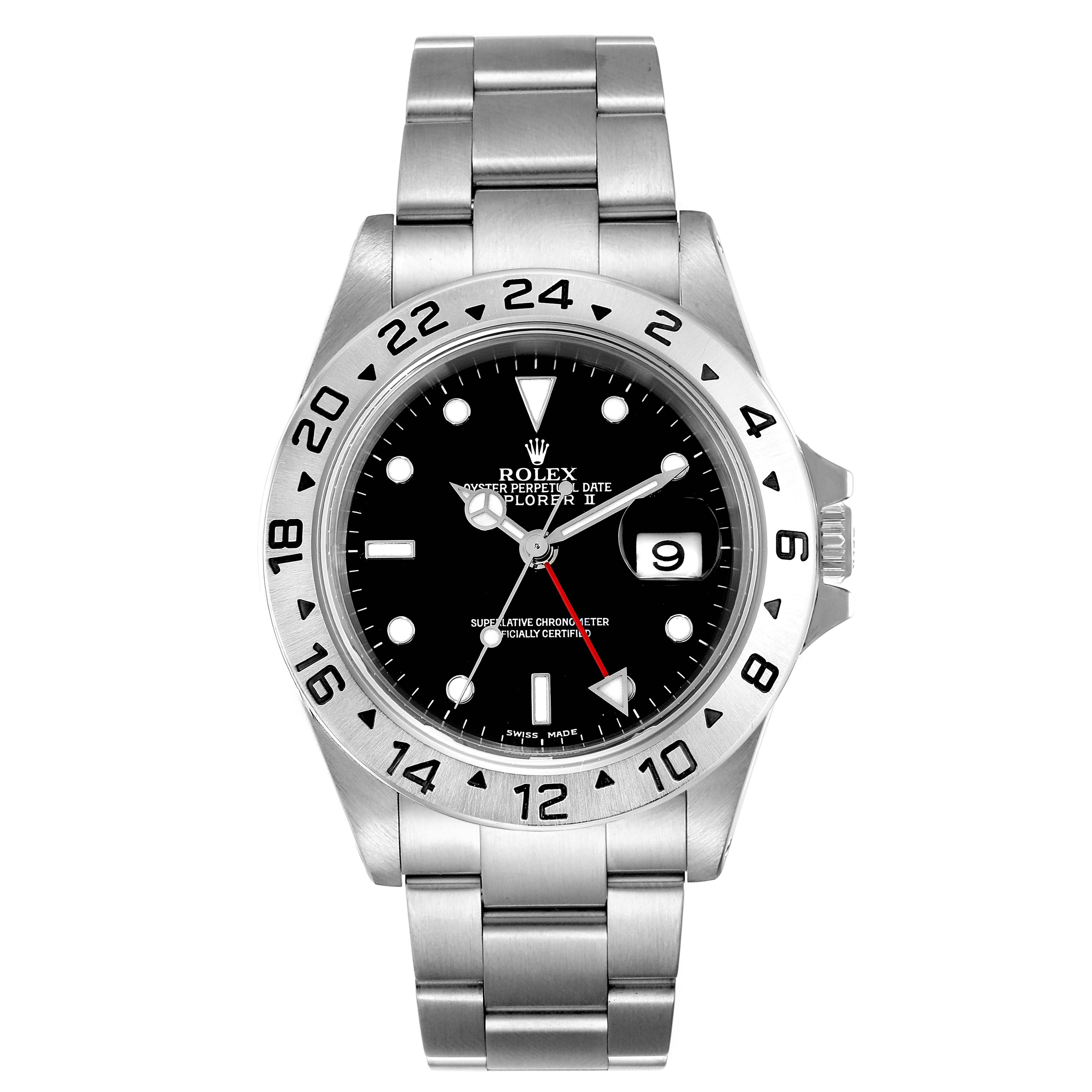 The image shows a front view of the Rolex Explorer 16570 Men's Stainless Steel Black Dial 16570 Men's Stainless Steel Black Dial watch, highlighting its black dial, bezel, and metal bracelet.