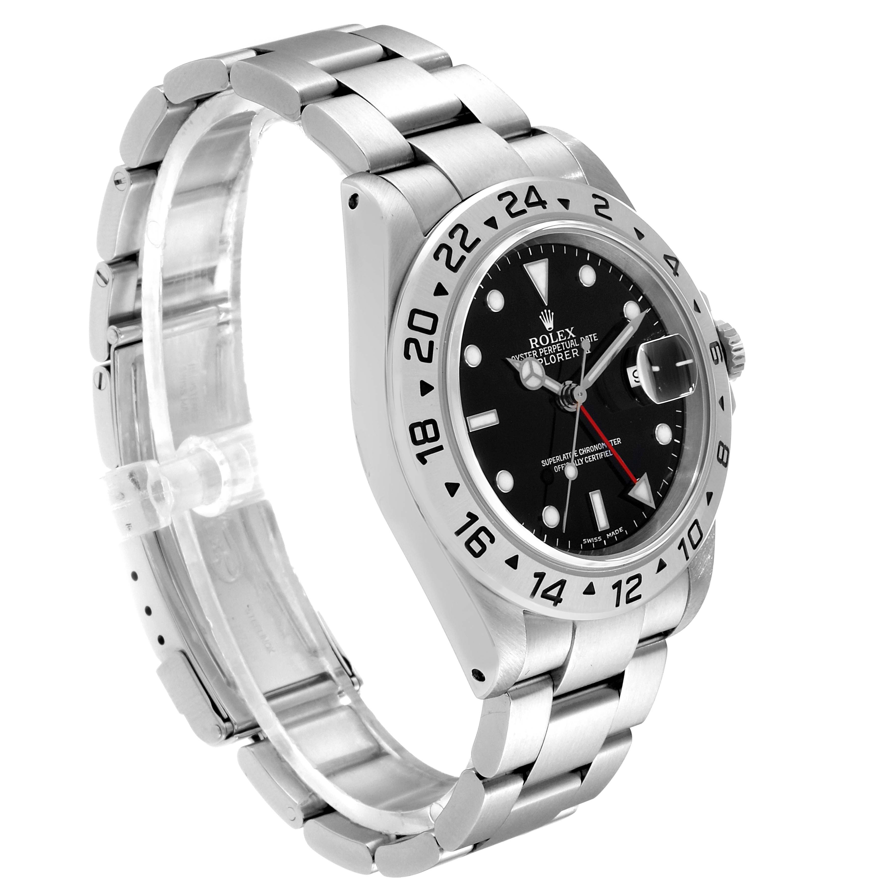 The image shows a side angle of a Rolex Explorer 16570 Men's Stainless Steel Black Dial 16570 Men's Stainless Steel Black Dial watch, highlighting its face, bezel, crown, and stainless steel bracelet.