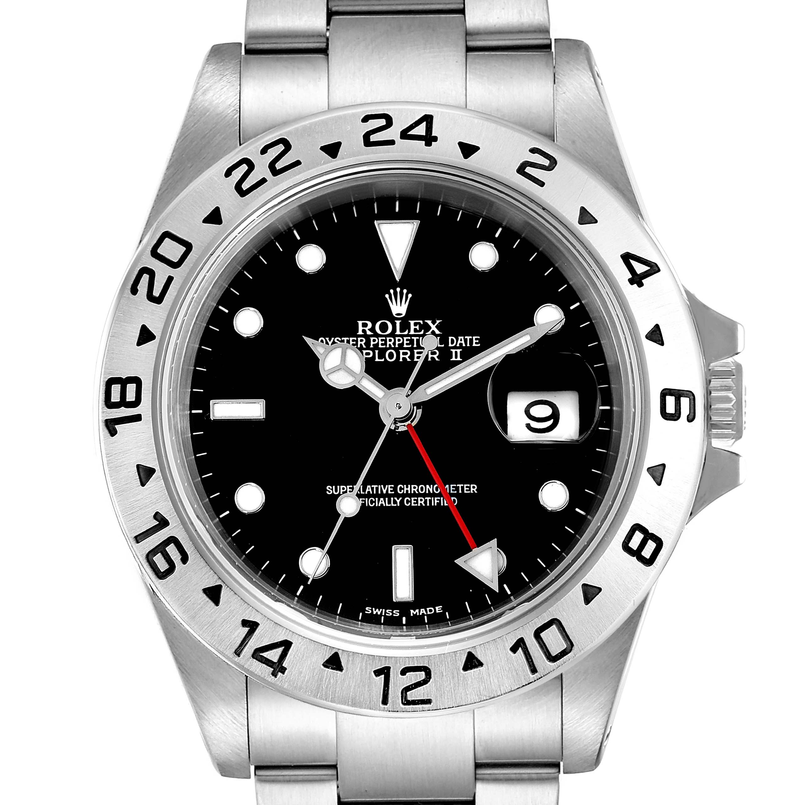The image shows a front angle of the Rolex Explorer 16570 Men's Stainless Steel Black Dial 16570 Men's Stainless Steel Black Dial watch, highlighting its dial, bezel, hands, and bracelet.